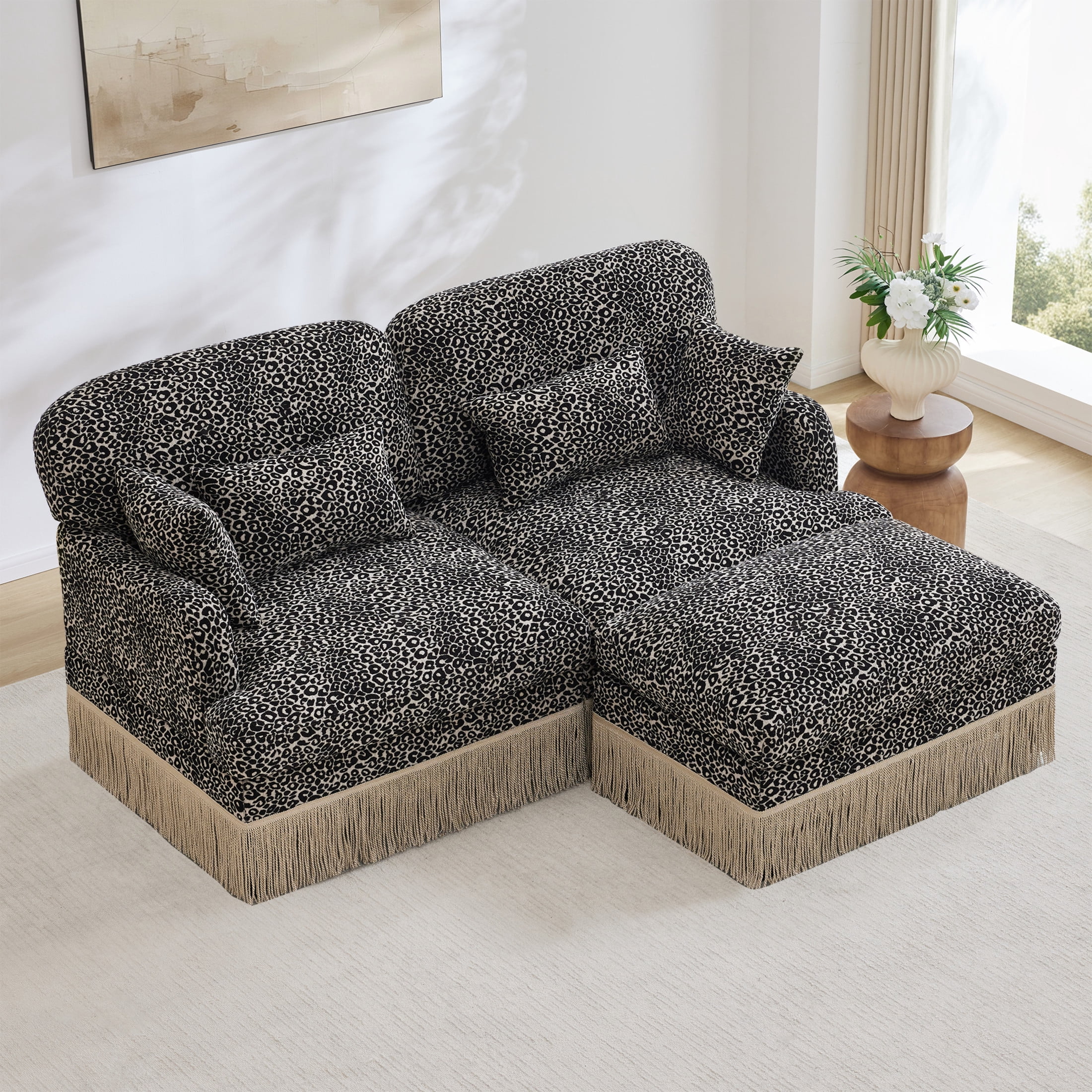 Noble House Carola Leopard Print Chenille 2-Seater Sofa, Modular Sectional Couch with Ottoman and Tassel Trim, Khaki