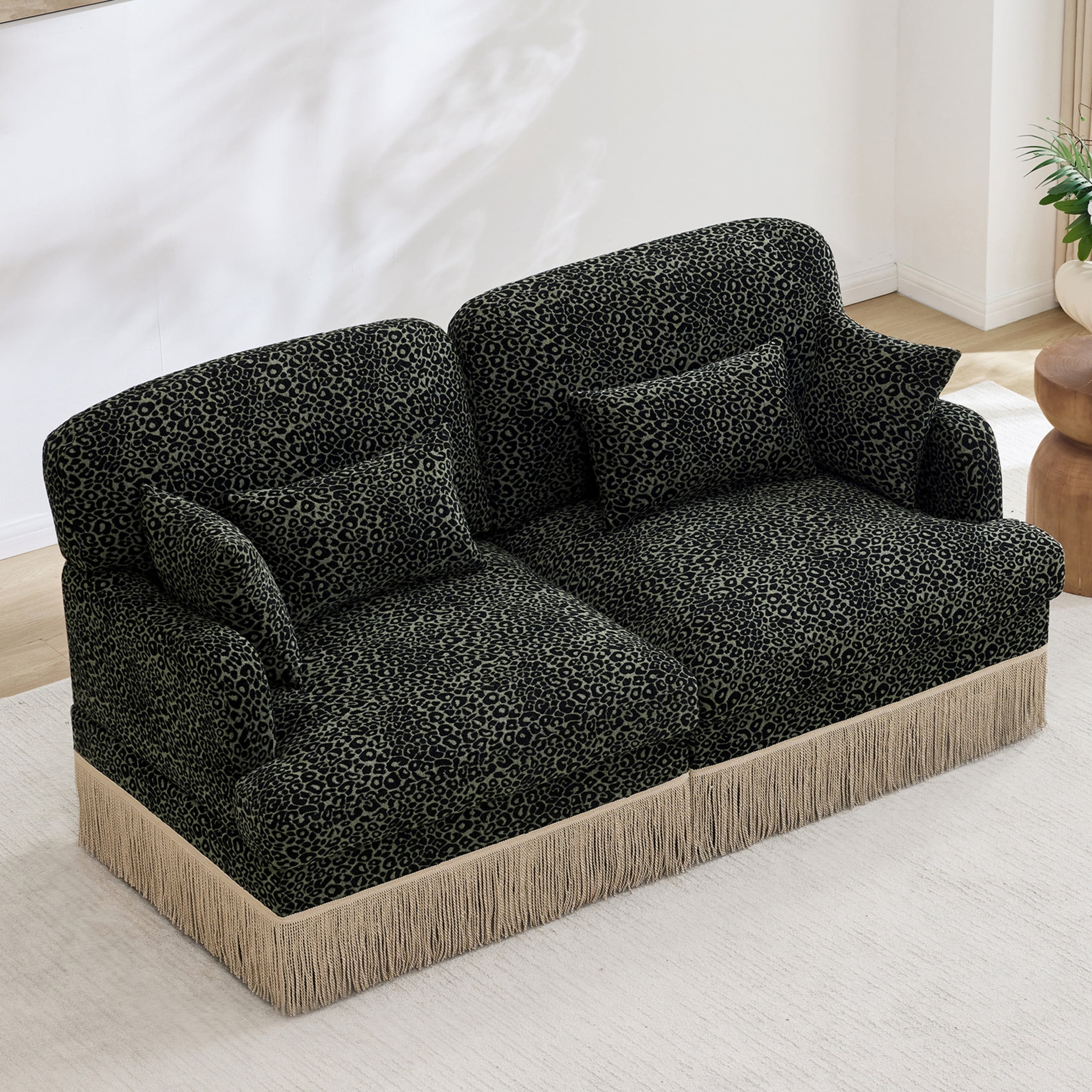 Noble House Carola Leopard Print Chenille 2-Seater Sofa, Modular Sectional Couch with Tassel Trim, Green