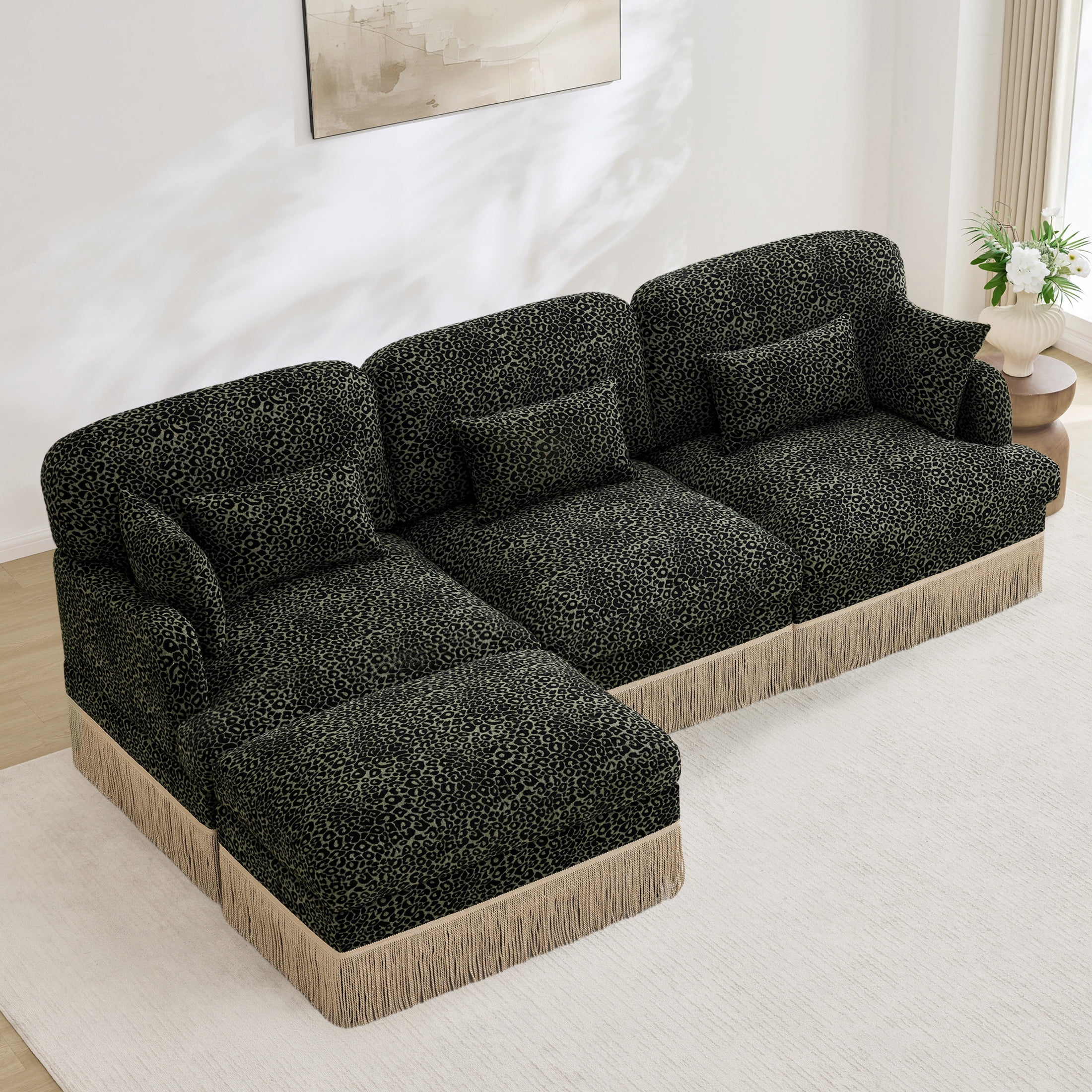 Noble House Carola Leopard Print Chenille 3-Seater Sofa, Modular Sectional Couch with Ottoman and Tassel Trim, Green
