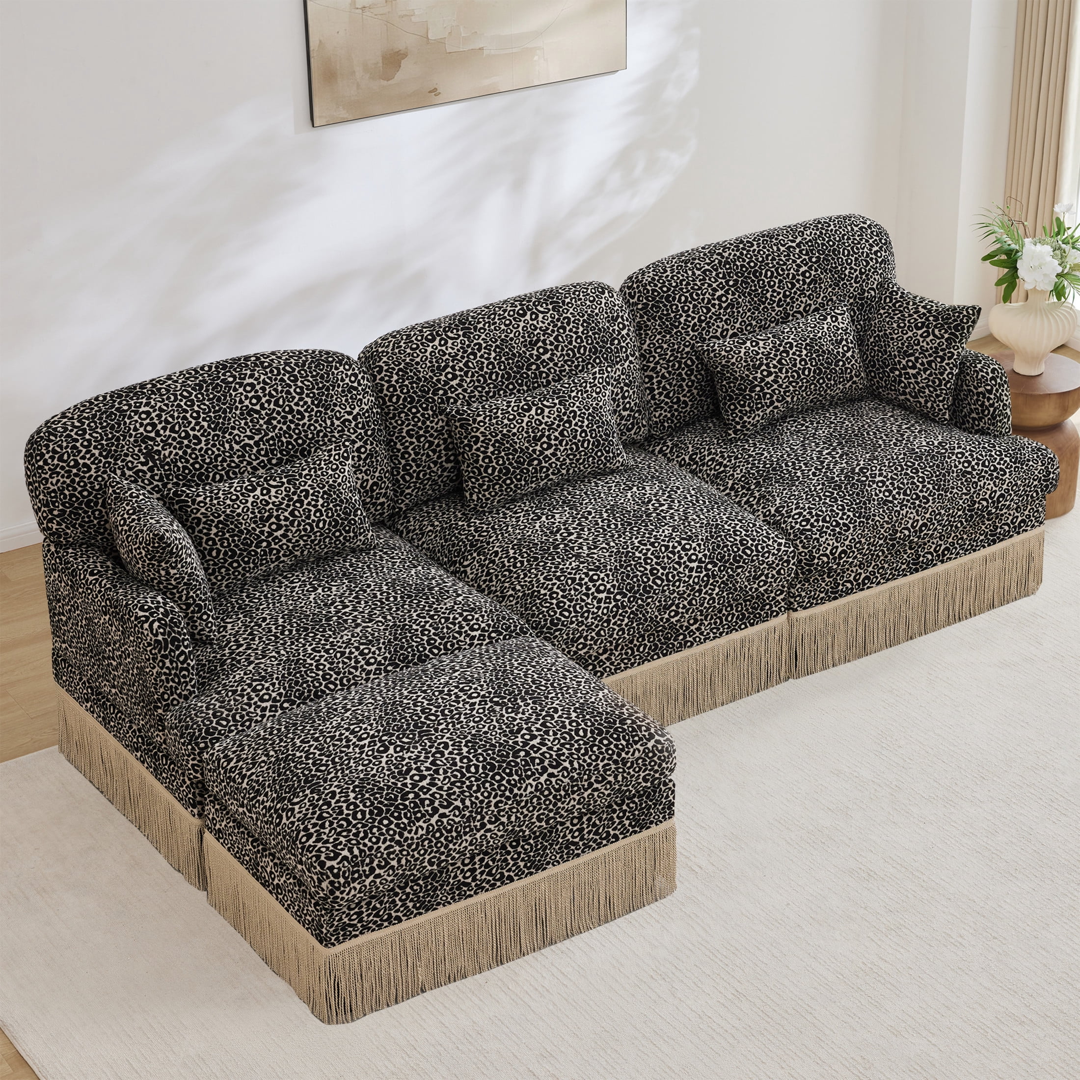 Noble House Carola Leopard Print Chenille 3-Seater Sofa, Modular Sectional Couch with Ottoman and Tassel Trim, Khaki