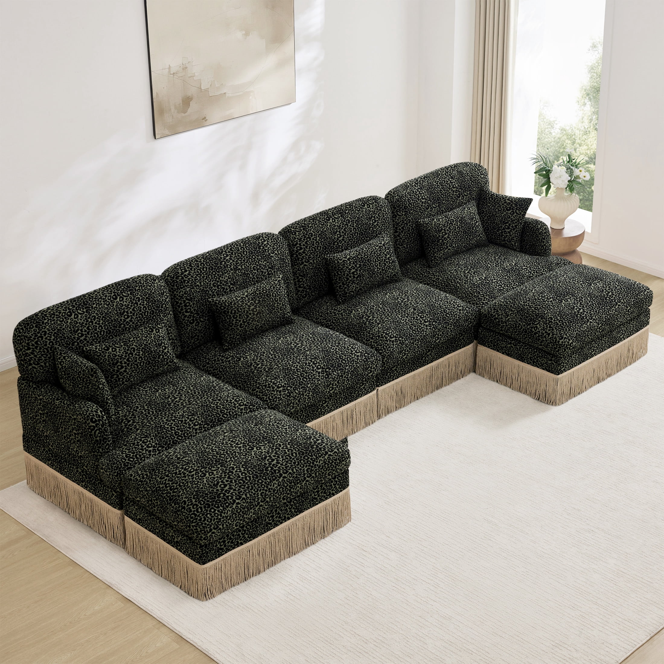 Noble House Carola Leopard Print Chenille 4-Seater Sofa, Modular Sectional Couch with 2 Ottomans and Tassel Trim, Green