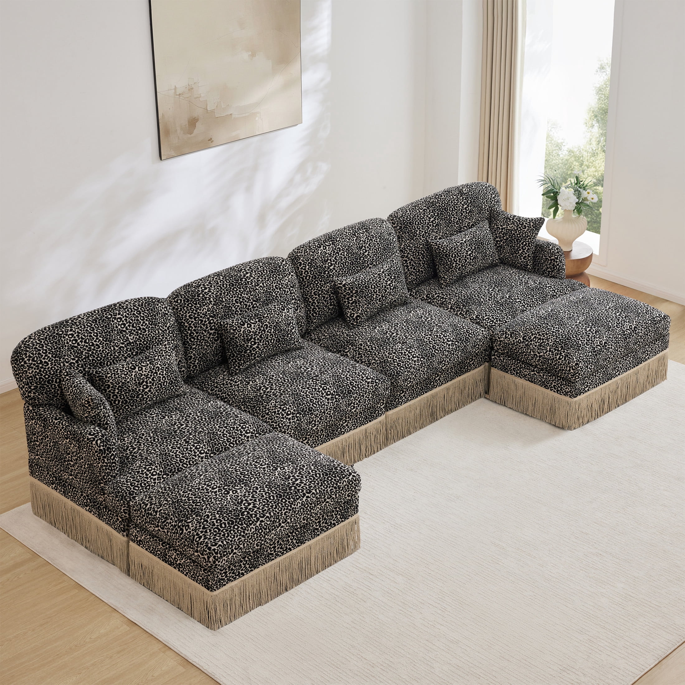 Noble House Carola Leopard Print Chenille 4-Seater Sofa, Modular Sectional Couch with 2 Ottomans and Tassel Trim, Khaki