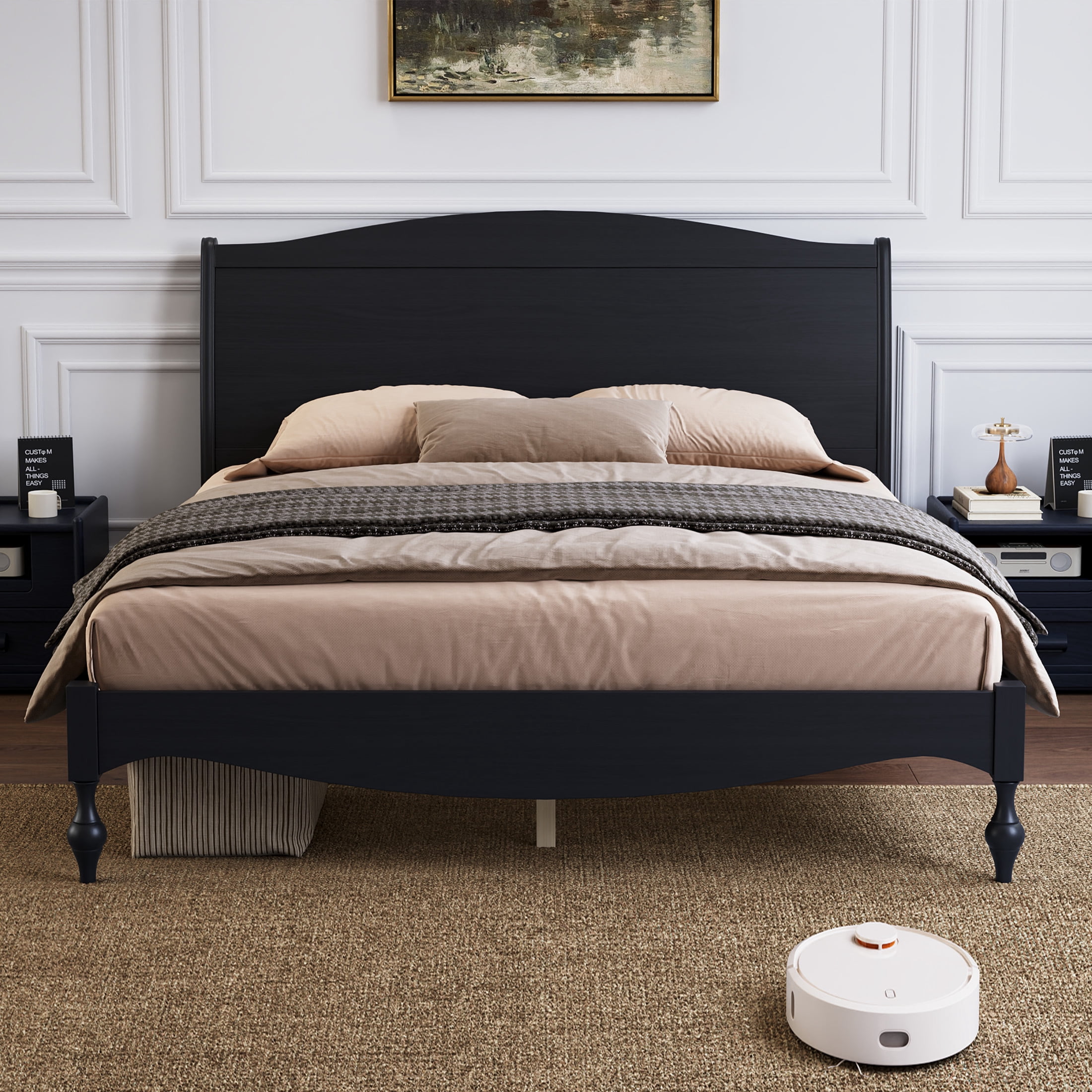 Noble House Carola Queen Wooden Platform Bed Frame, Traditional Arched Headboard Vintage Design, Black