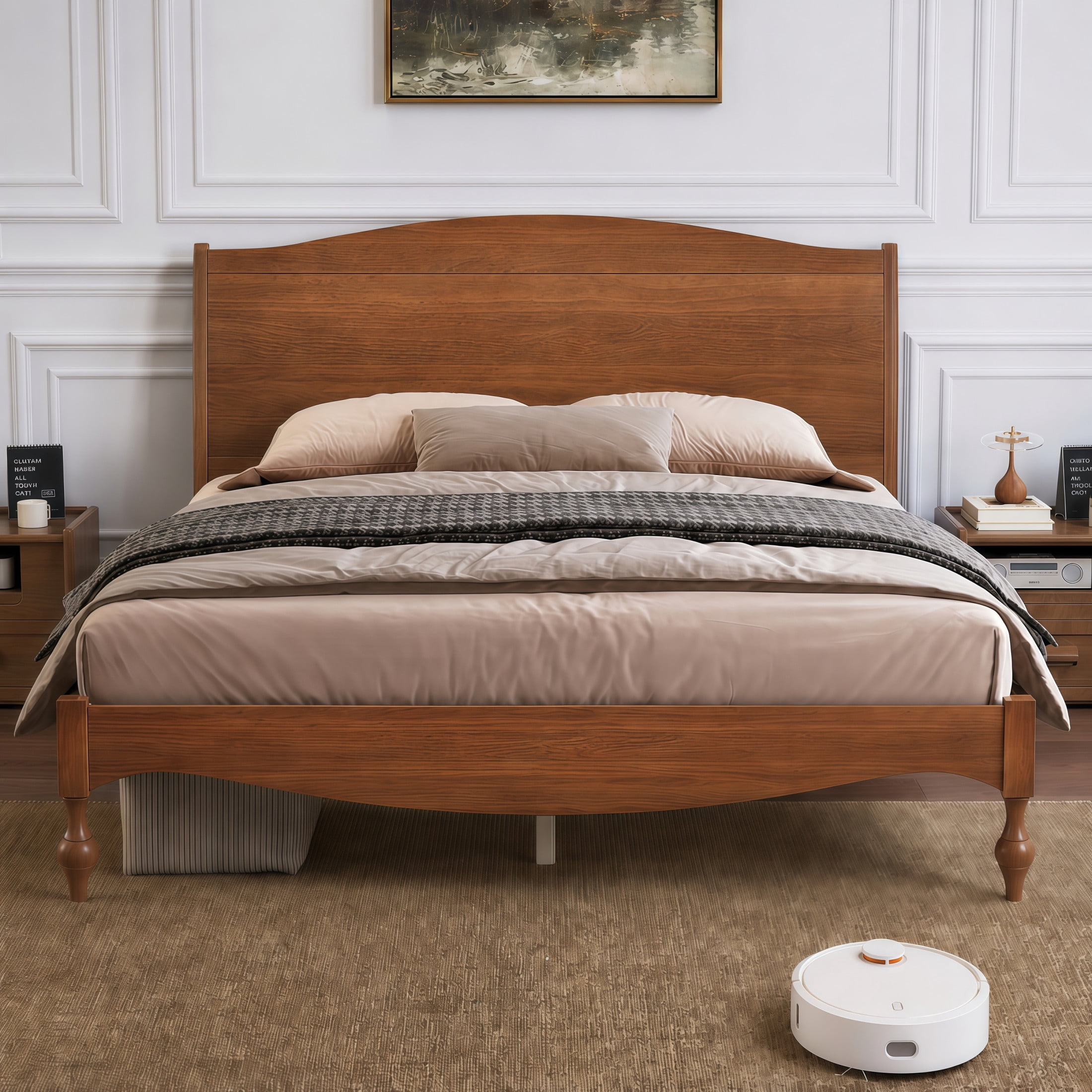 Noble House Carola Queen Wooden Platform Bed Frame, Traditional Arched Headboard Vintage Design, Light Walnut
