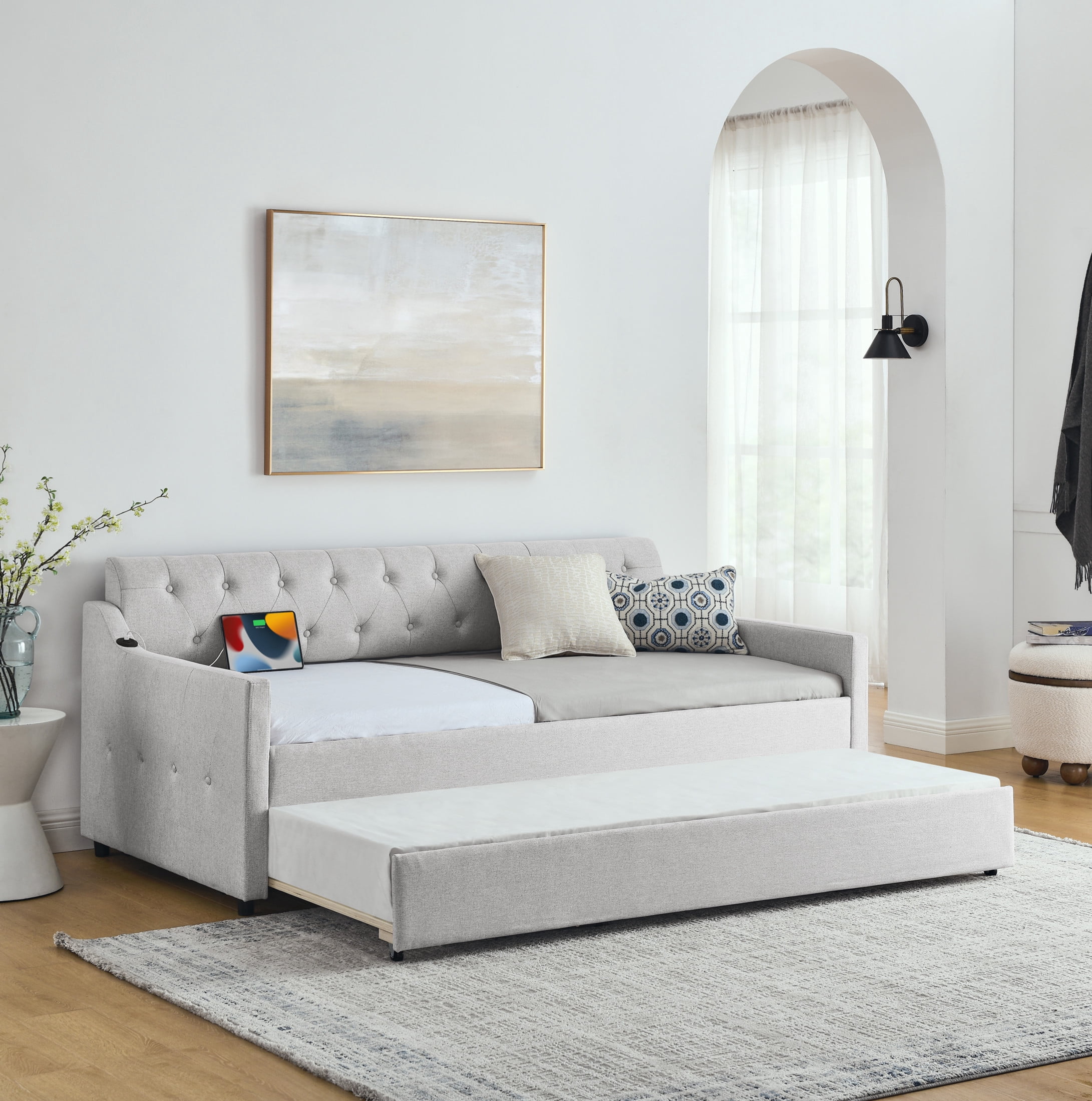 Noble House Carola Twin Size Linen Upholstery Daybed, Mid-Century Tufted Sofa Bed with Trundle and Charging Port, Beige