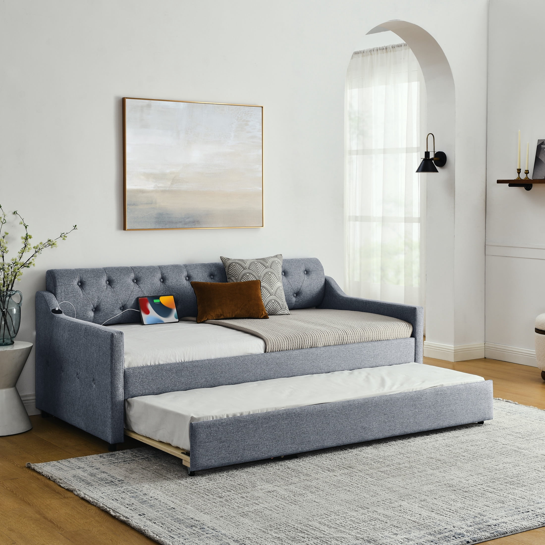 Noble House Carola Twin Size Linen Upholstery Daybed, Mid-Century Tufted Sofa Bed with Trundle and Charging Port, Gray