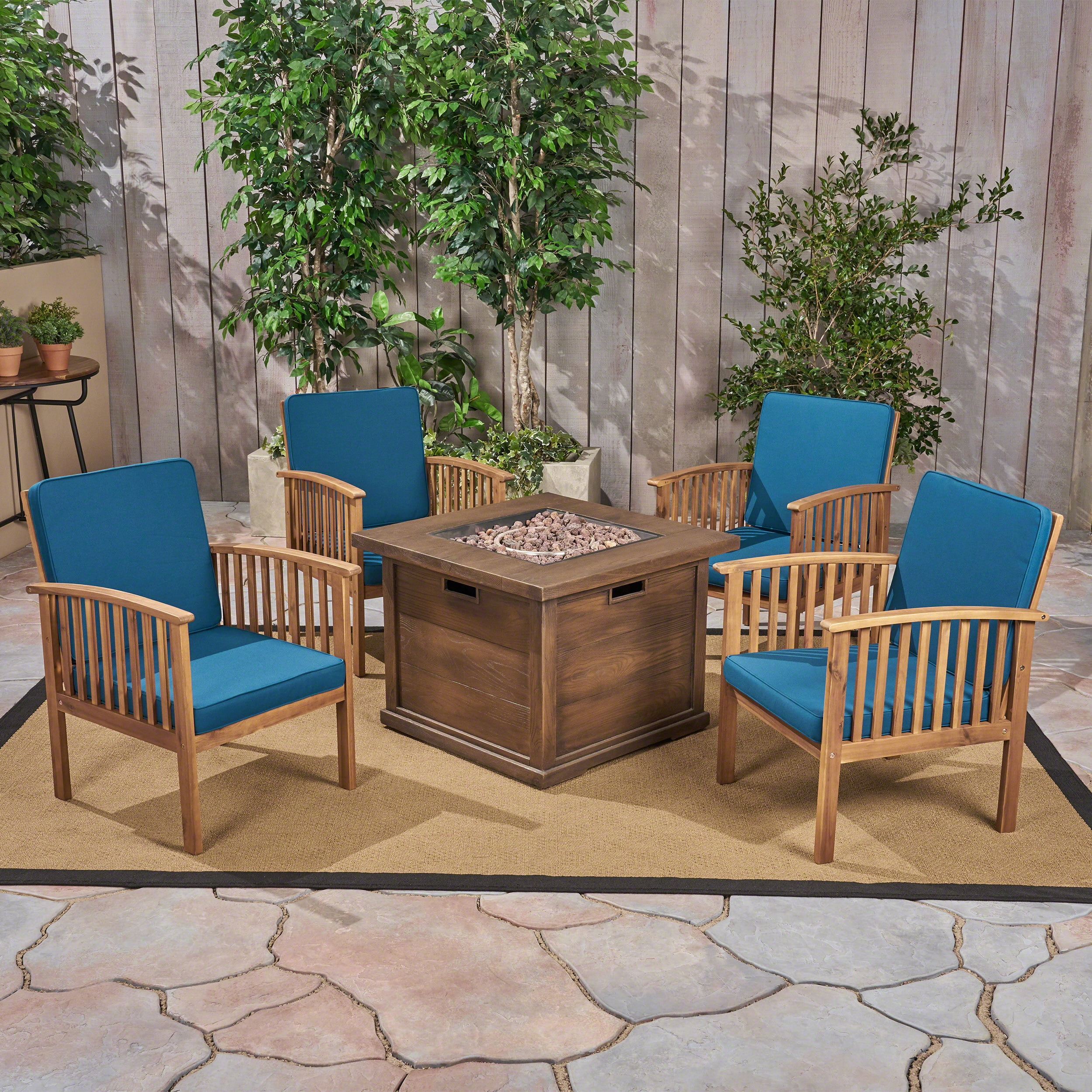 Tucson Outdoor 5 Piece Acacia Wood Chat Set with Cushions and Wood Finished Fire Pit, Brown Patina, Dark Teal, Brown