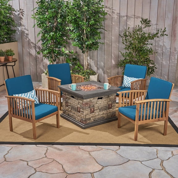 Noble House Carolina 5 Piece Outdoor Acacia Wood Chair and Firepit Set in Teal