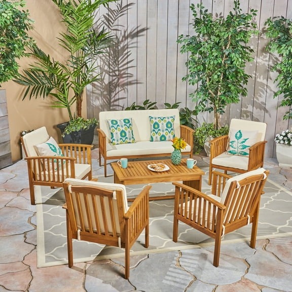 Noble House Carolina 6-Piece Outdoor Acacia Wood Conversation Set in Cream/Brown