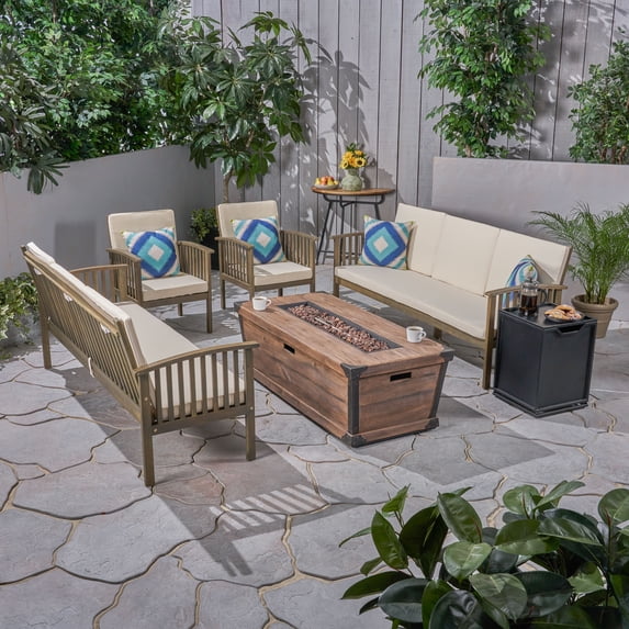 Noble House Carolina Outdoor 4 Piece Sofa Set & Fire Pit Gray with Cream