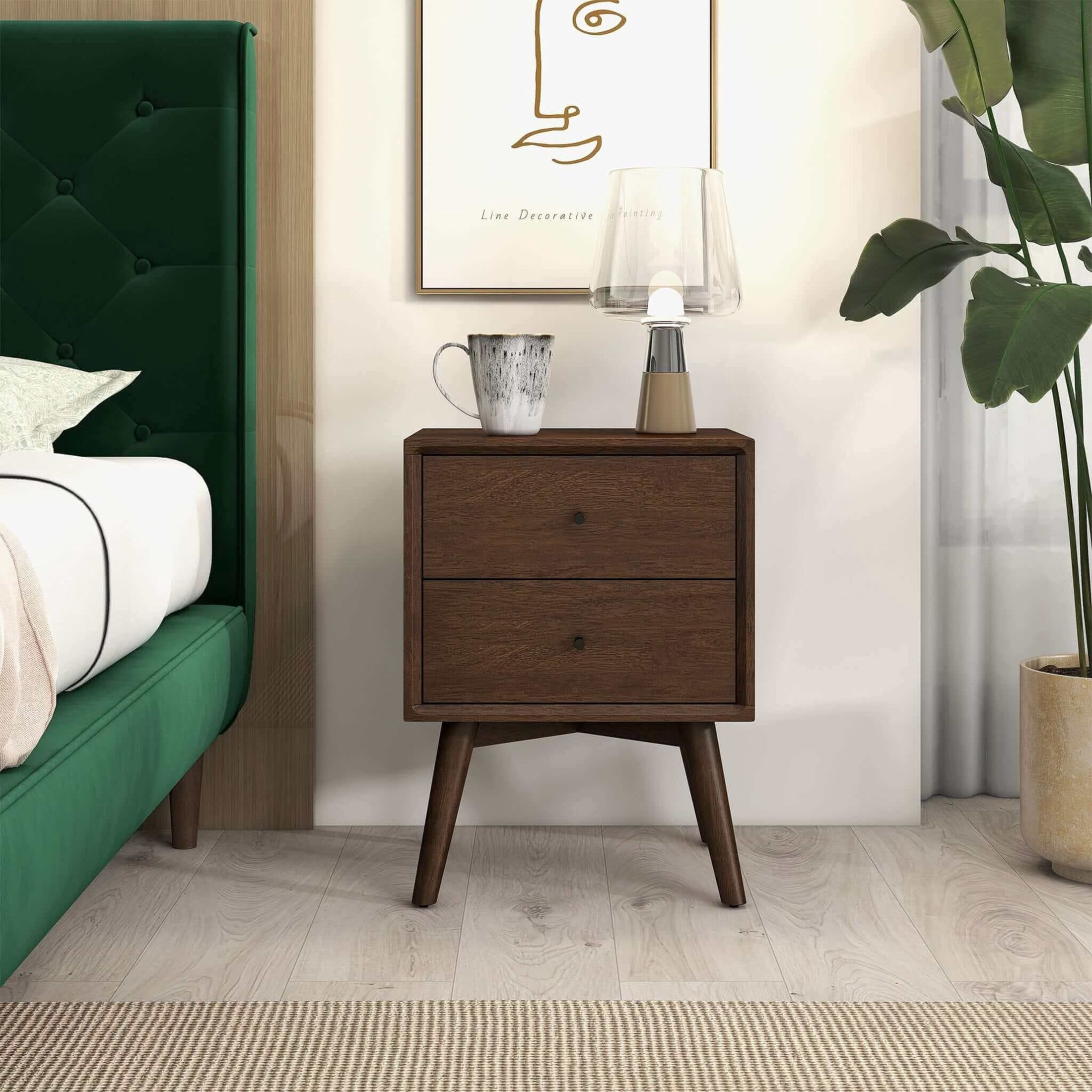 Noble House Caroline Mid-Century Modern Beveled Nightstand, Solid Walnut Wood Frame with 2 Drawers, Dark Brown