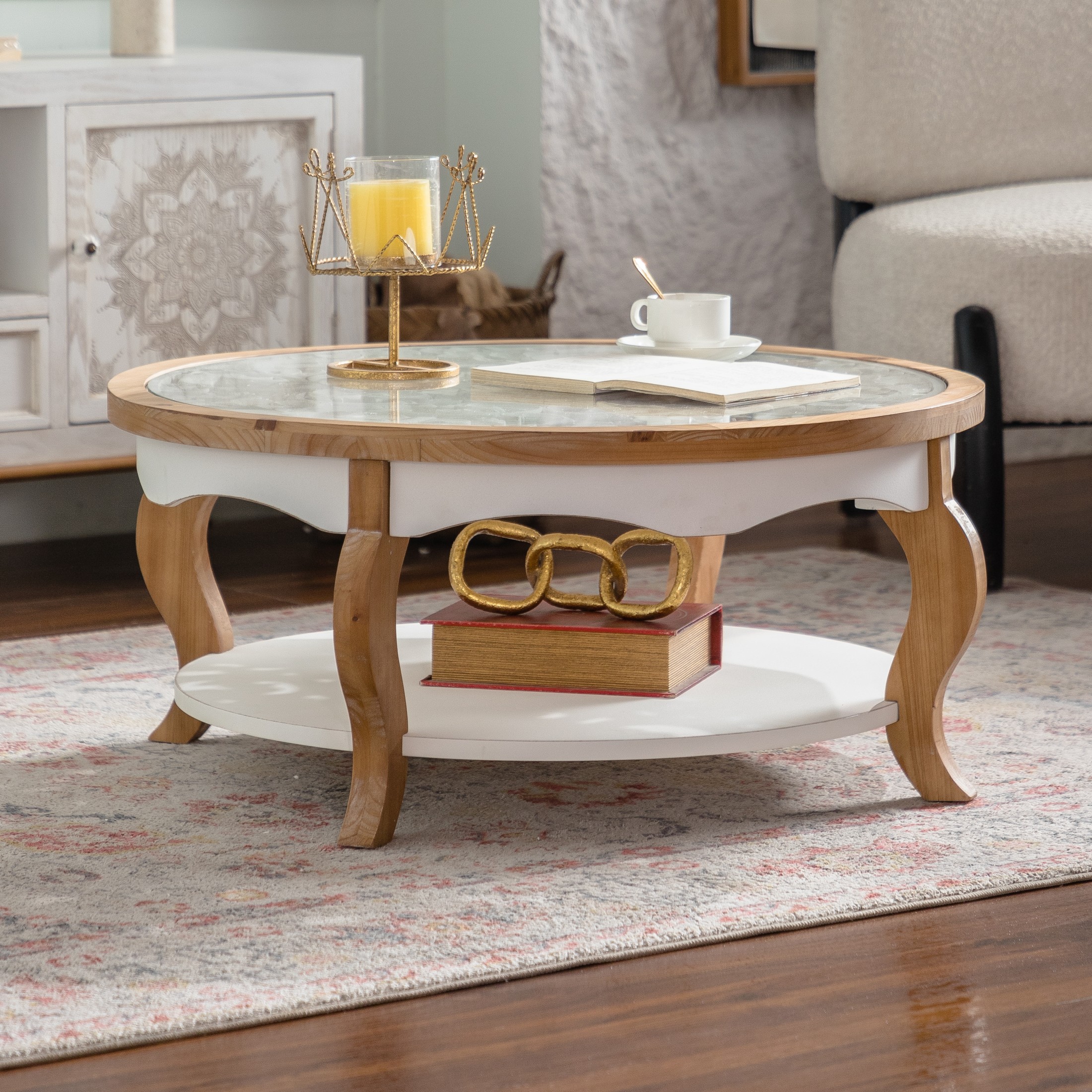 Noble House Carter 31.5" Round Farmhouse Coffee Table with Glass Top ...