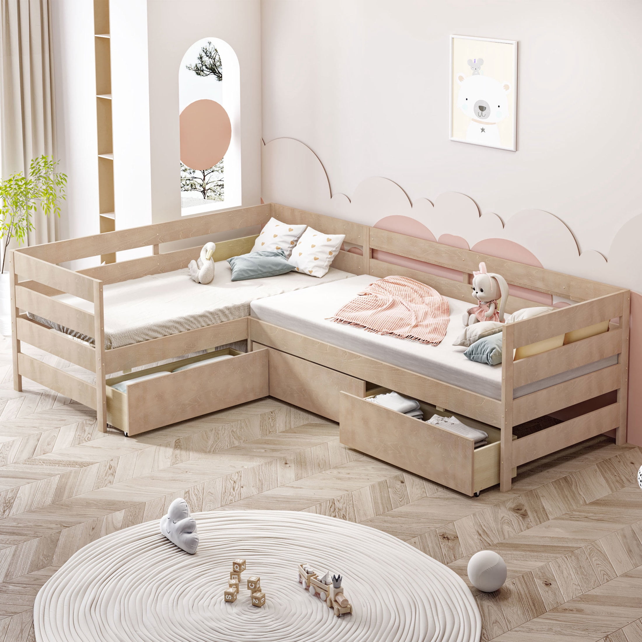 Noble House Carter Twin L-Shaped Platform Bed with 3 Storage Drawers, Solid Wood Corner Bed Frame, Natural