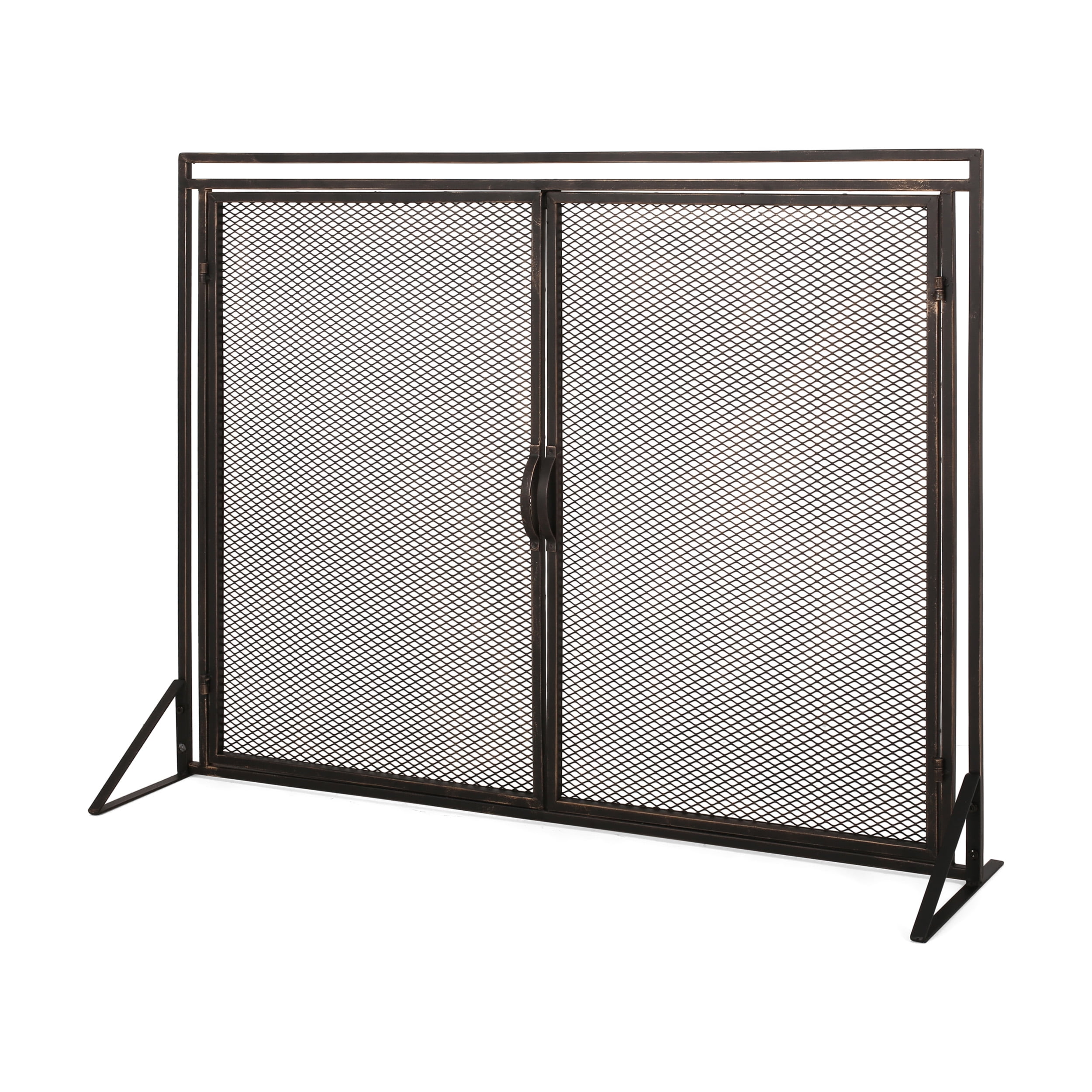 Noble House Cartwright Metal 2 Door Fireplace Screen, Black Brushed Gold