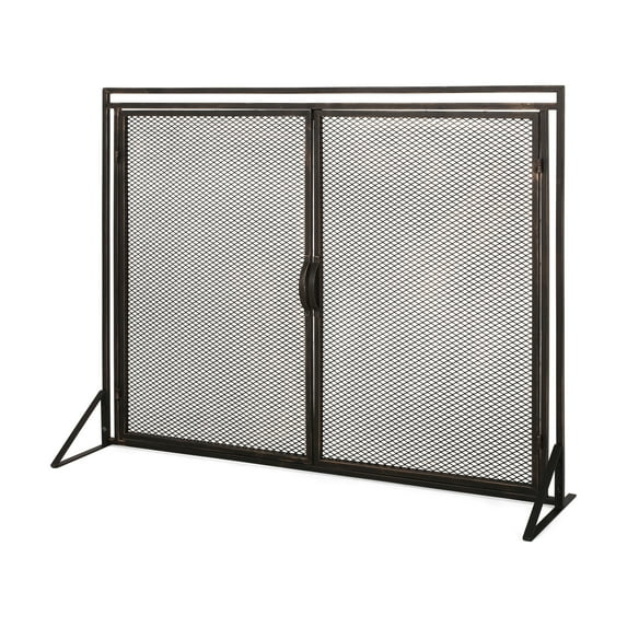 Noble House Cartwright Metal 2 Door Fireplace Screen, Black Brushed Gold