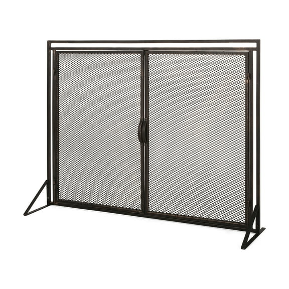 Noble House Cartwright Metal 2 Door Fireplace Screen, Black Brushed Gold