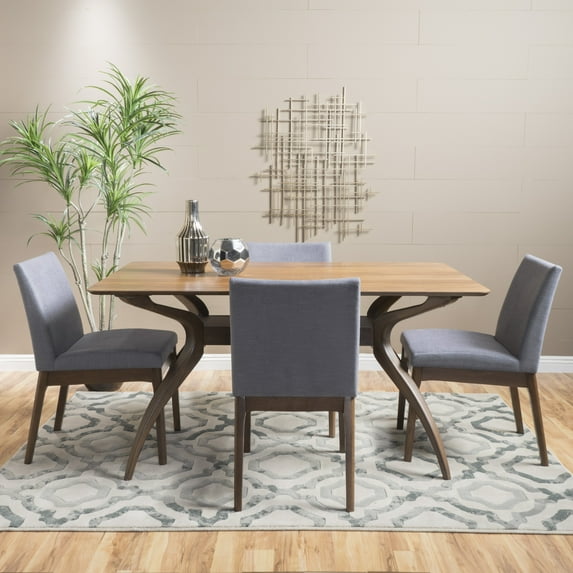 Noble House Caruso Mid-Century Modern 5 Piece Dining Set, Dark Gray and Walnut