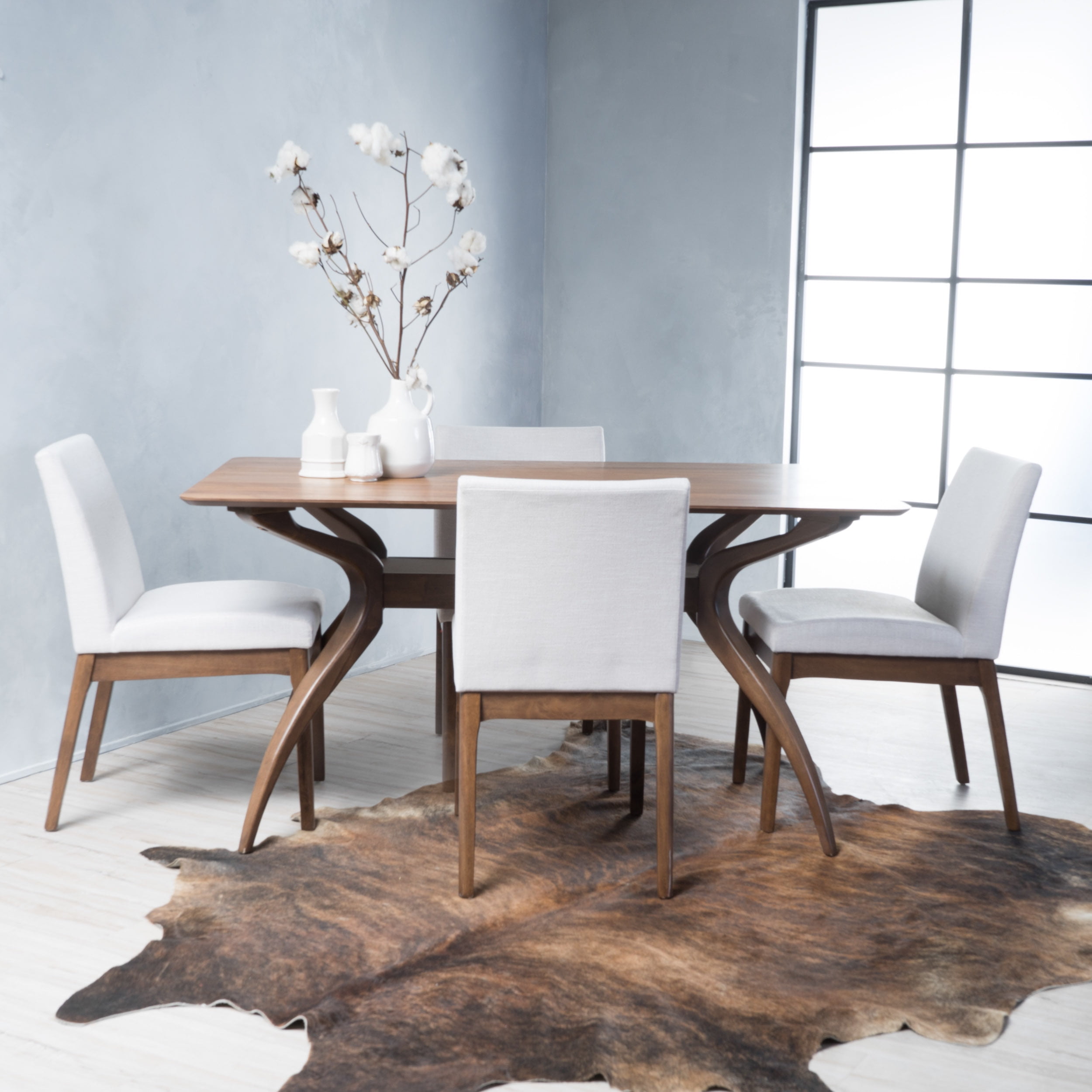 Noble House Caruso Mid-Century Modern 5 Piece Dining Set, Light Beige and Walnut