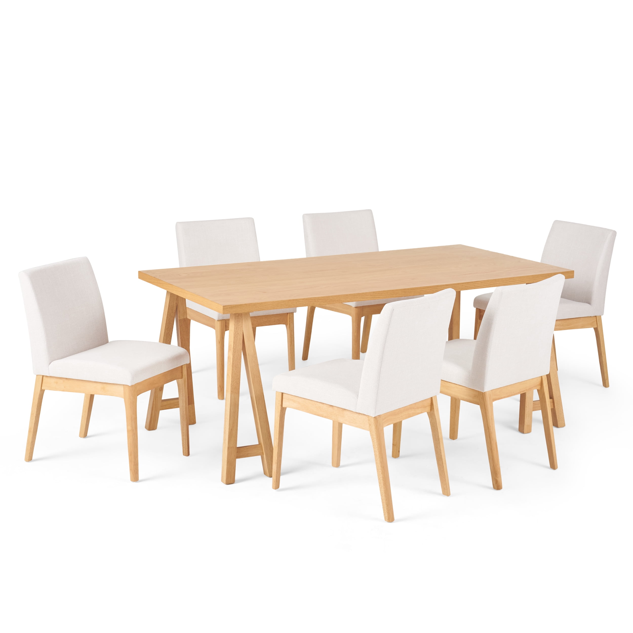 Noble House Caruso Mid-Century Modern 7 Piece Dining Set, Light Beige and Natural Oak
