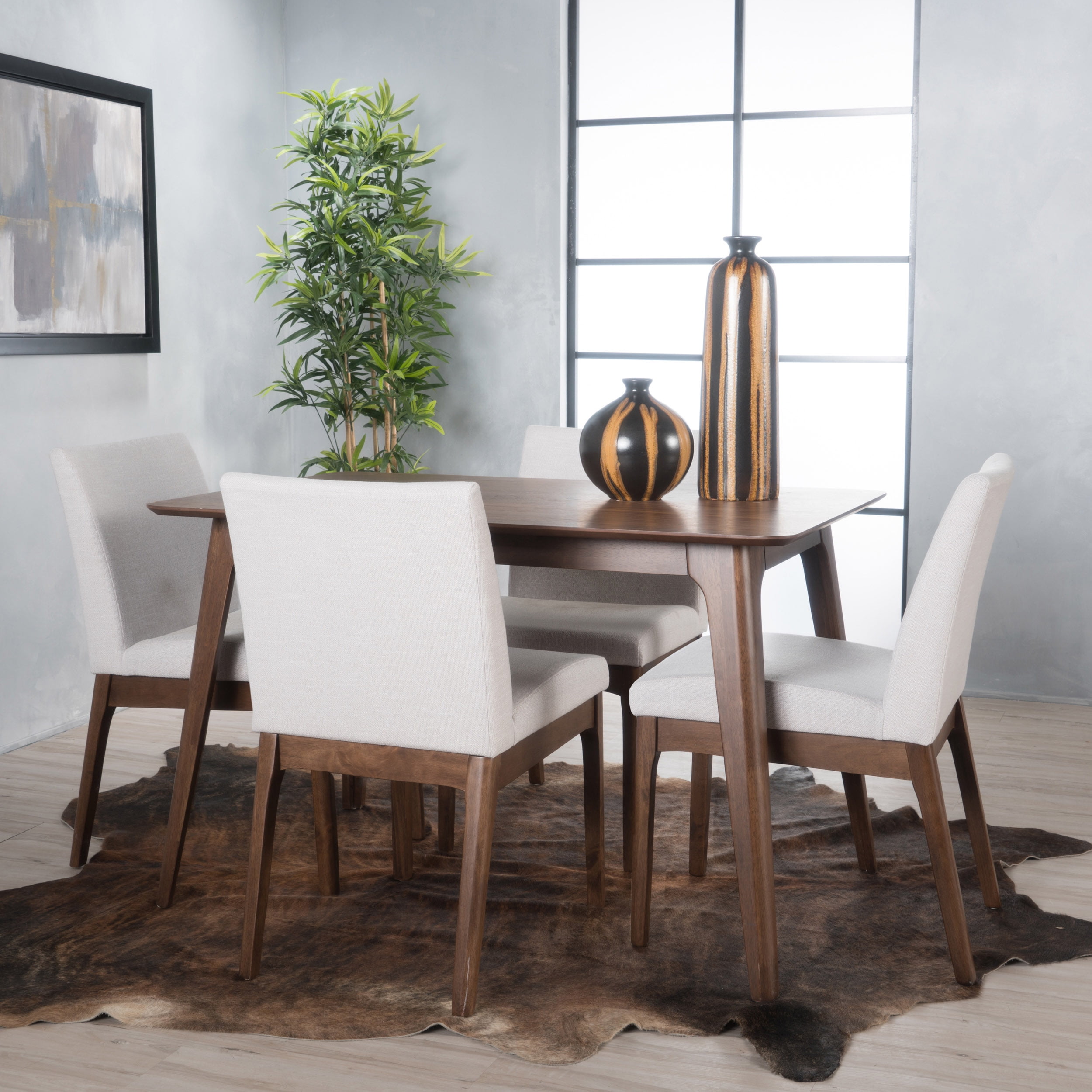 Noble House Caruso Natural Walnut Oak Wood Light Beige 5 Piece Dining Set