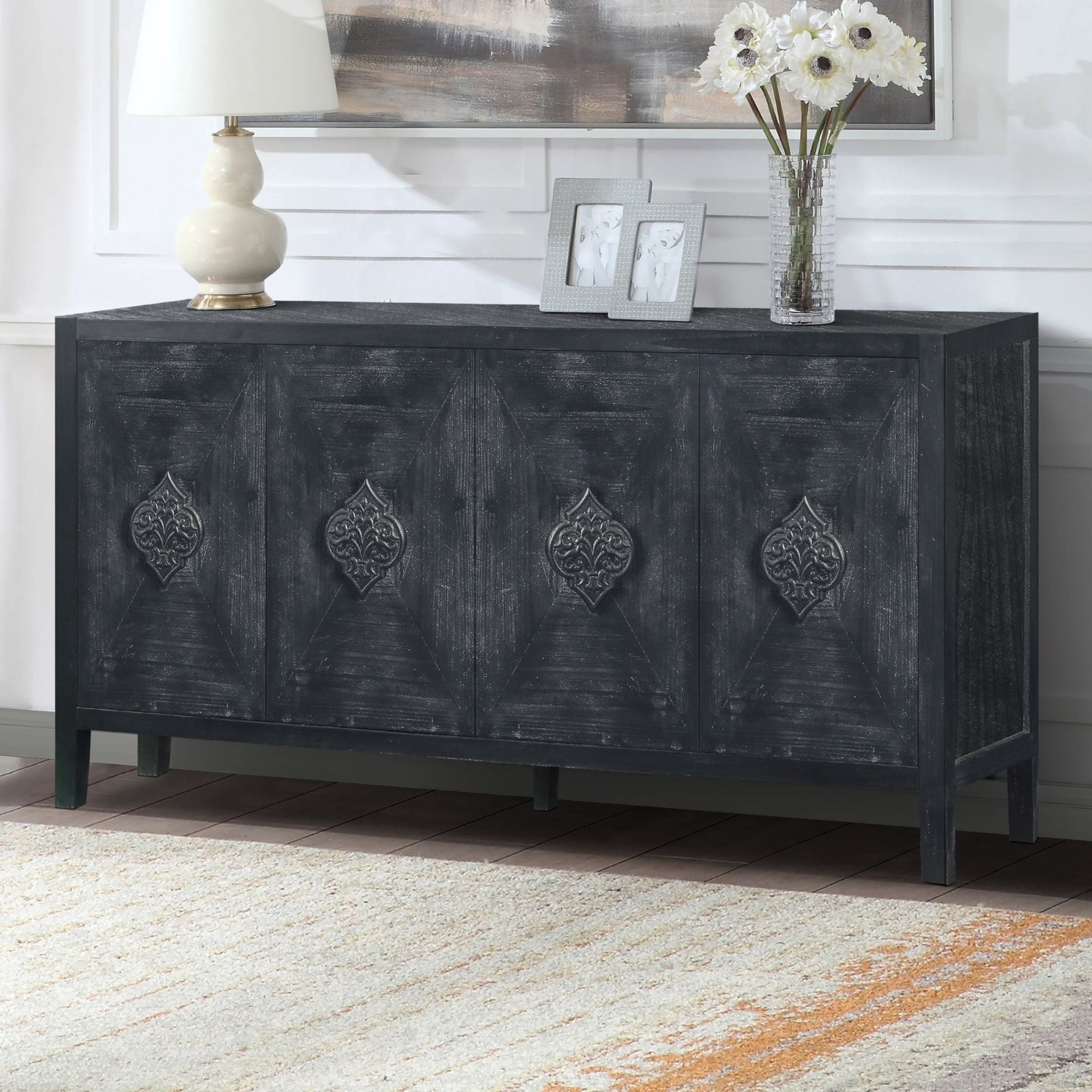Noble House Carved Flower Door Handle, Antique Four Door Cabinet for Living Room Kitchen Hallway, Antique Black