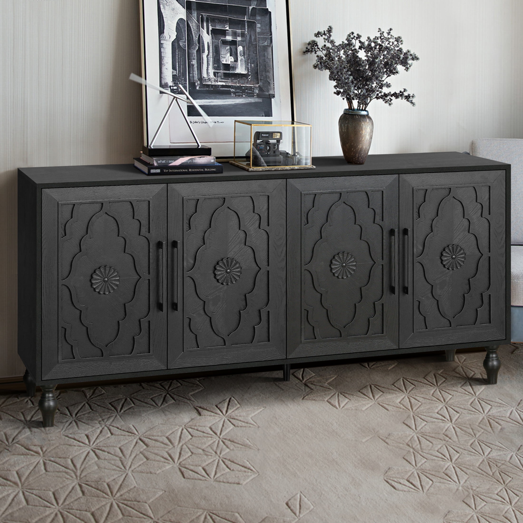 Noble House Carved Flower Door Large Storage Cabinet With Metal Handle Suitable For Living Room, Kitchen, Entryway, Black