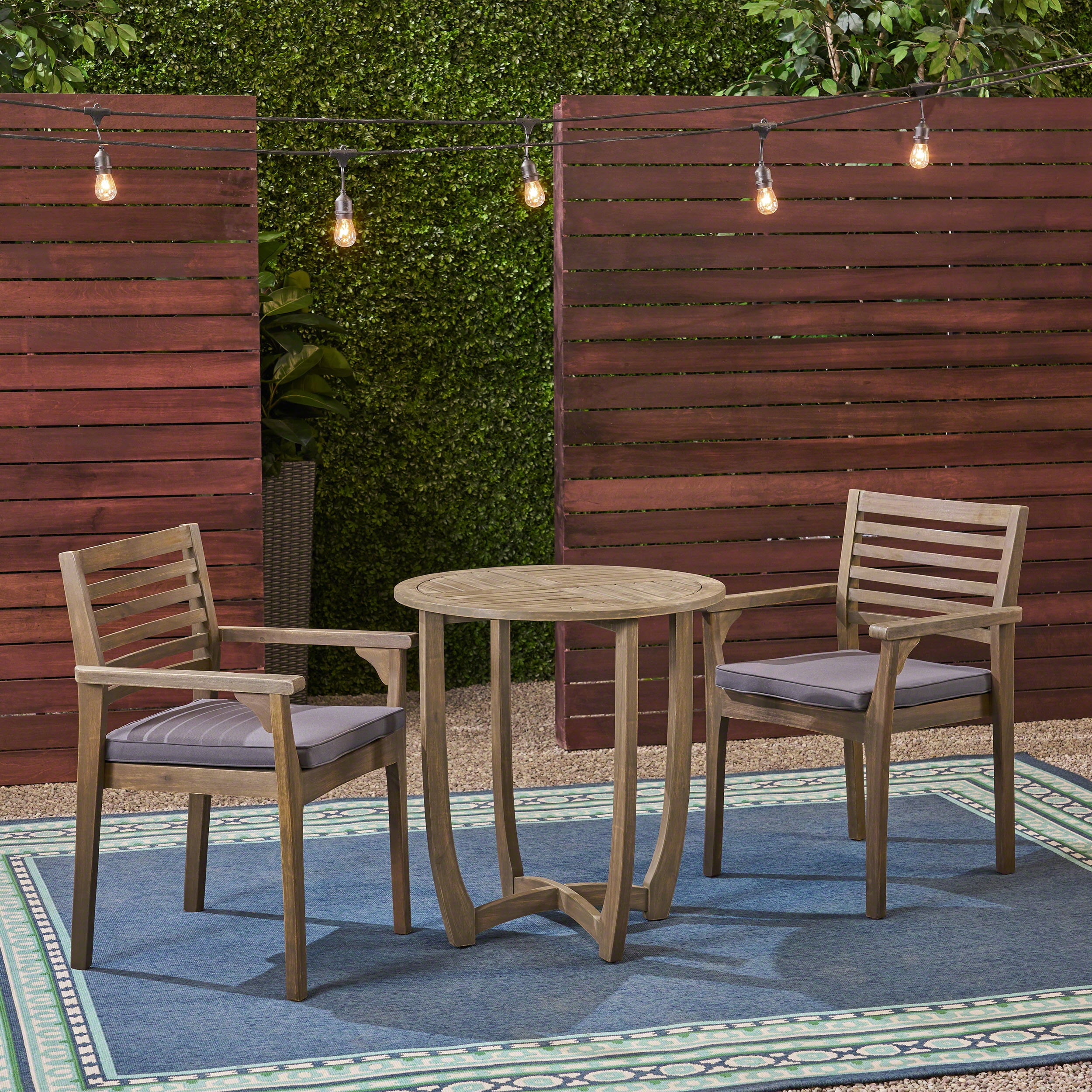 Frederic Outdoor 3 Piece Acacia Wood 28" Round Bistro Set with Closed Legs and Cushions, Gray, Dark Gray