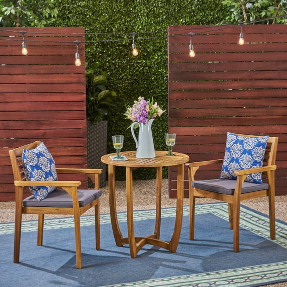 Noble House Casa 3 Piece Wooden Round Patio Dining Set in Teak and Gray