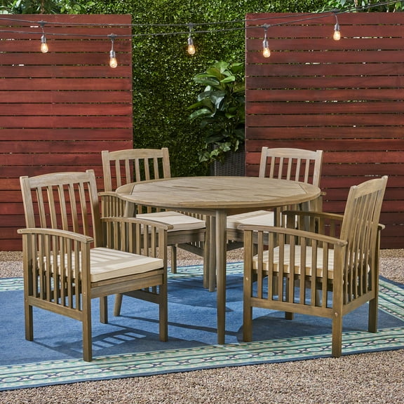 Noble House Casa 5 Piece Outdoor Acacia Wood Dining Set in Gray and Cream