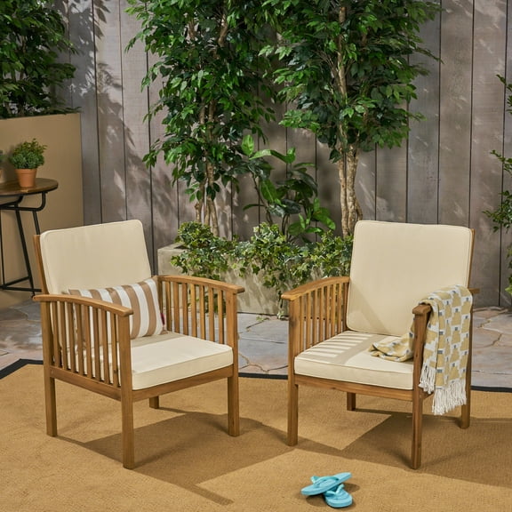 Noble House Casa Coastal Outdoor Acacia Wood Club Chair with Cushions, Cream/Brown (Set of 2)