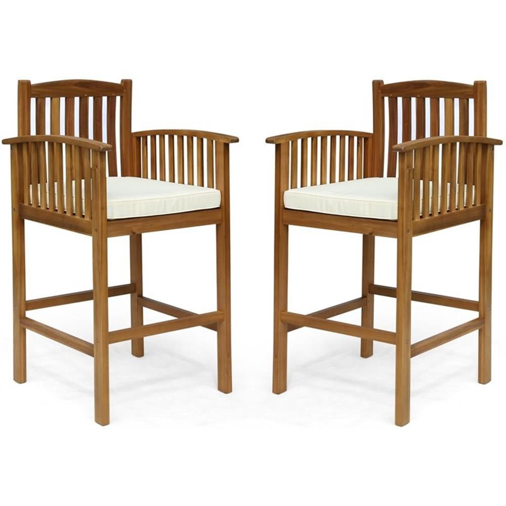 Natural Acacia Wood Outdoor Barstools with Cream Cushions