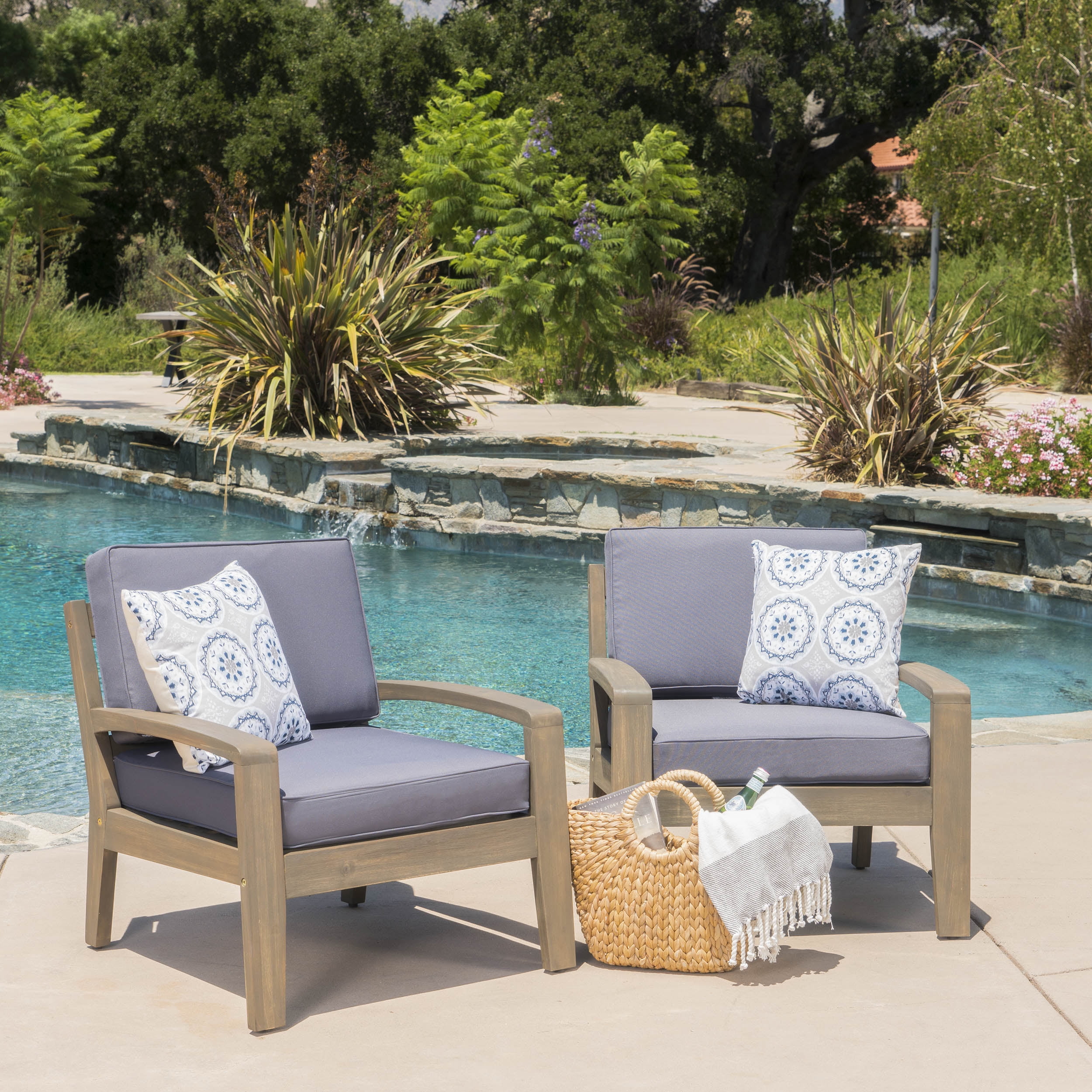 Noble House Cascada Acacia Wood Club Chairs with Cushions, Grey / Dark Grey (Set of 2)