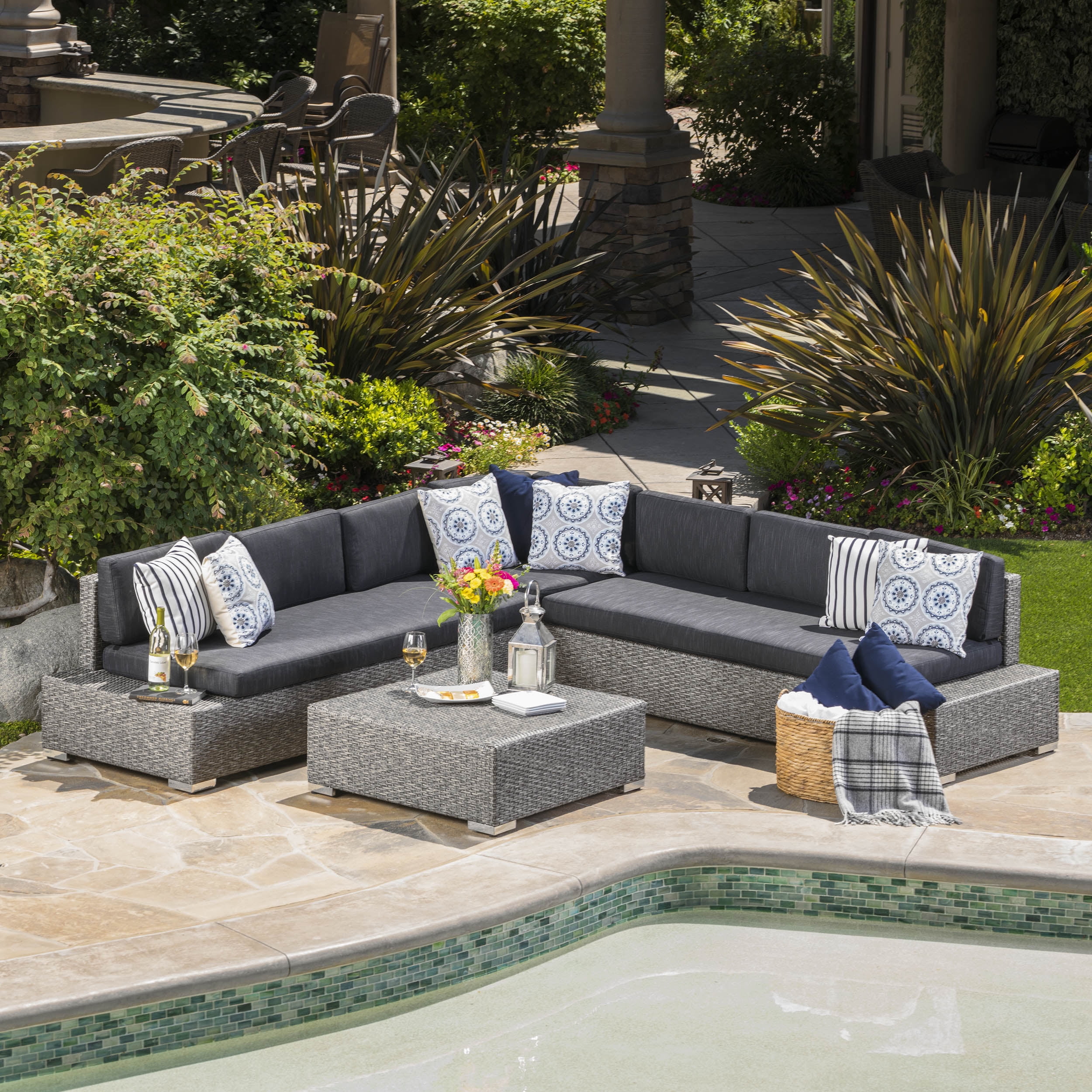 Noble House Cascada Outdoor 7 Seater Wicker V Shaped Sectional
