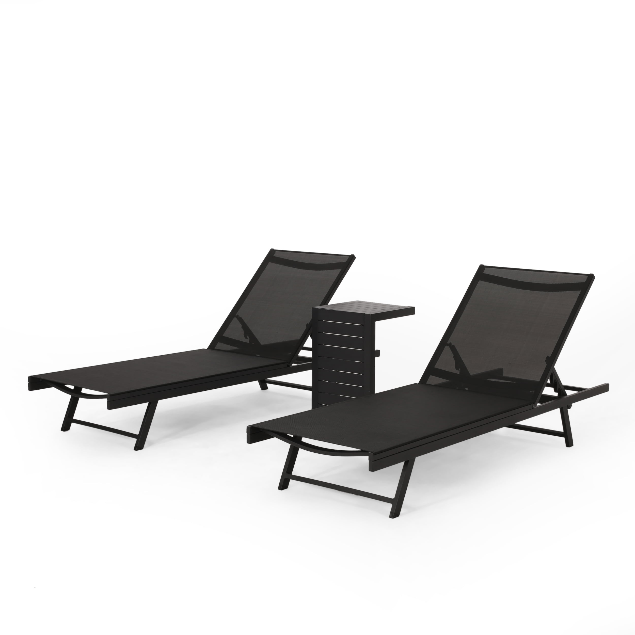 Matte Black Aluminum Outdoor Chaise Lounge Set with Dark Gray Mesh