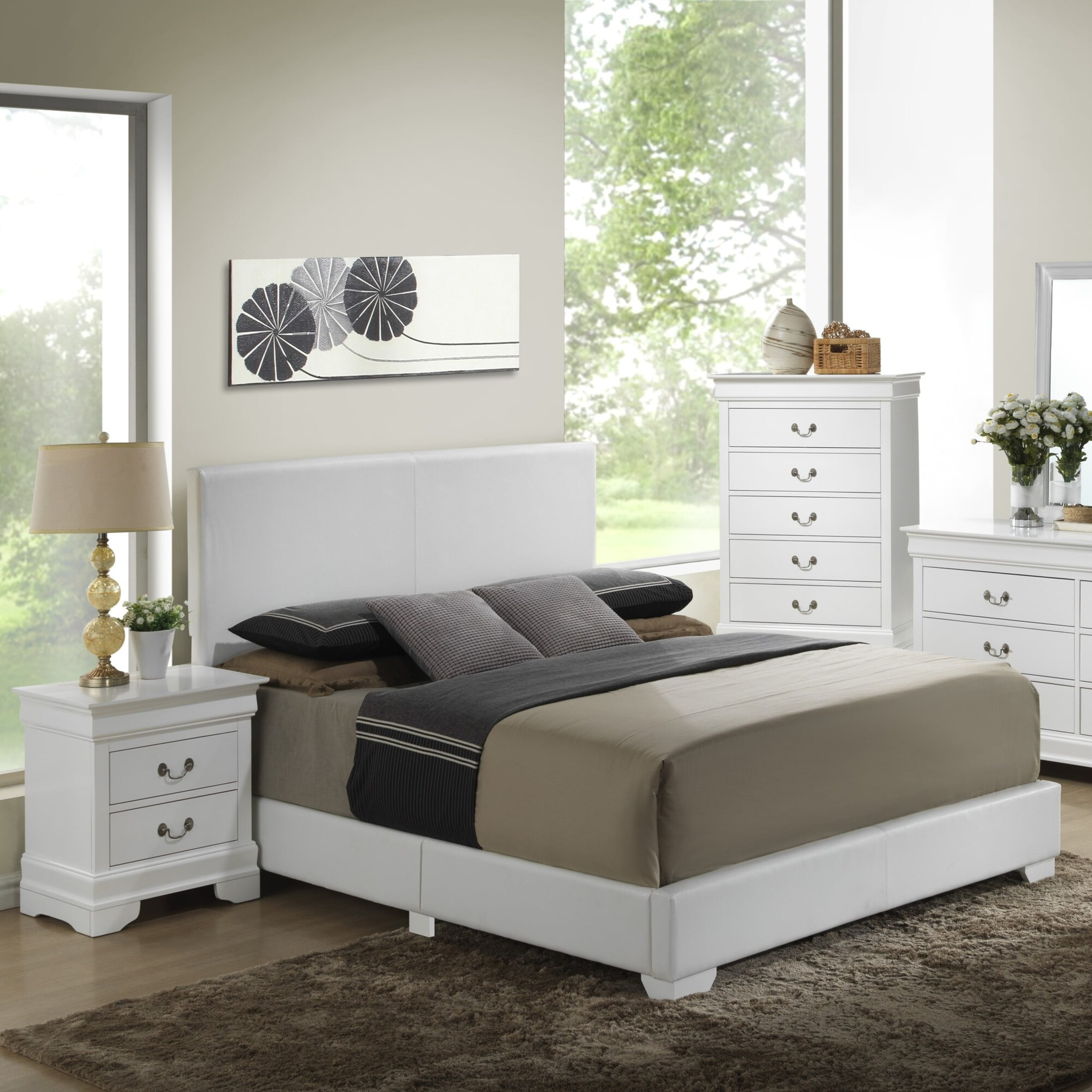 Noble House Casual Queen Upholstered Bed with Faux Leather, Sturdy Wood Frame, White