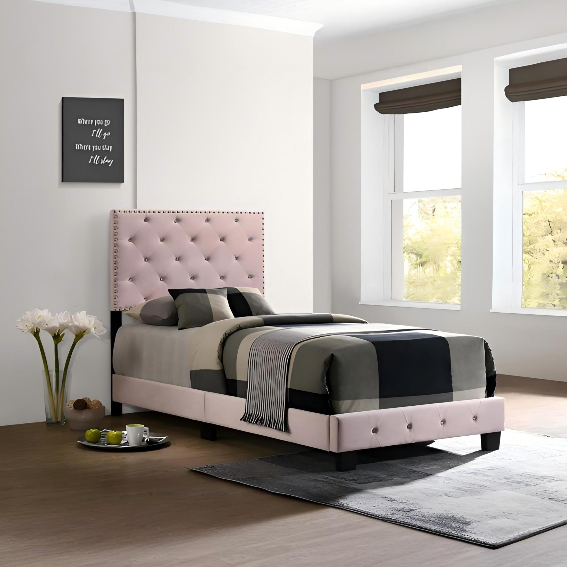 Noble House Casual Velvet Twin Bed for Kids with Tufted Headboard, Wood Supports, Pink