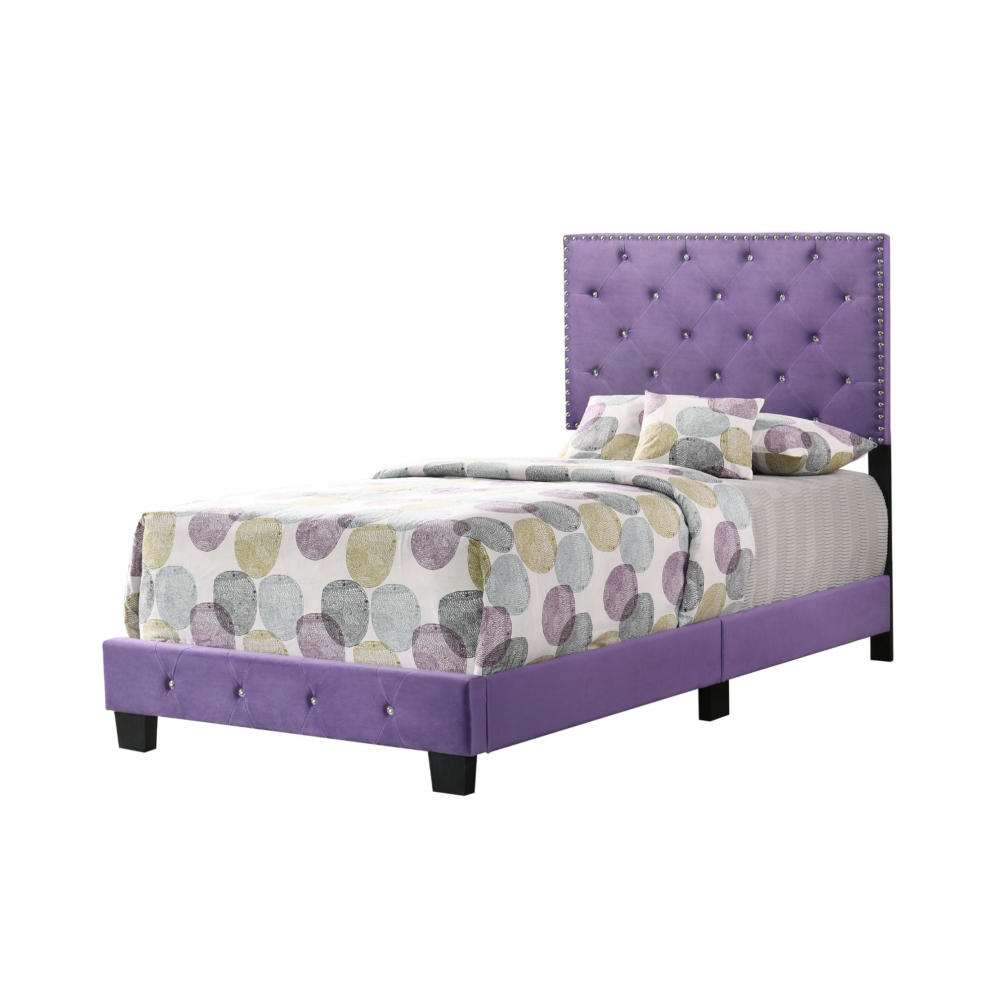 Noble House Casual Velvet Twin Bed for Kids with Tufted Headboard, Wood Supports, Purple