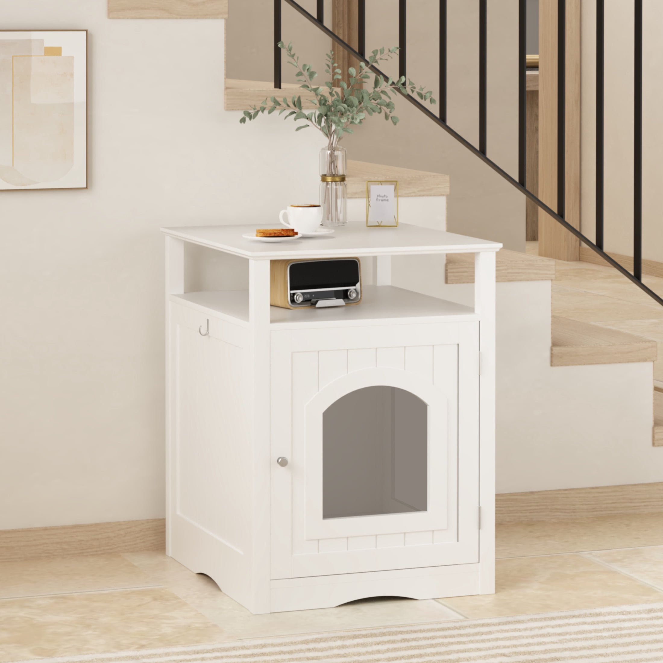 Noble House Cat Litter Box Enclosure Furniture, Wooden Hidden Cat House Cabinet with Storage Shelf, White