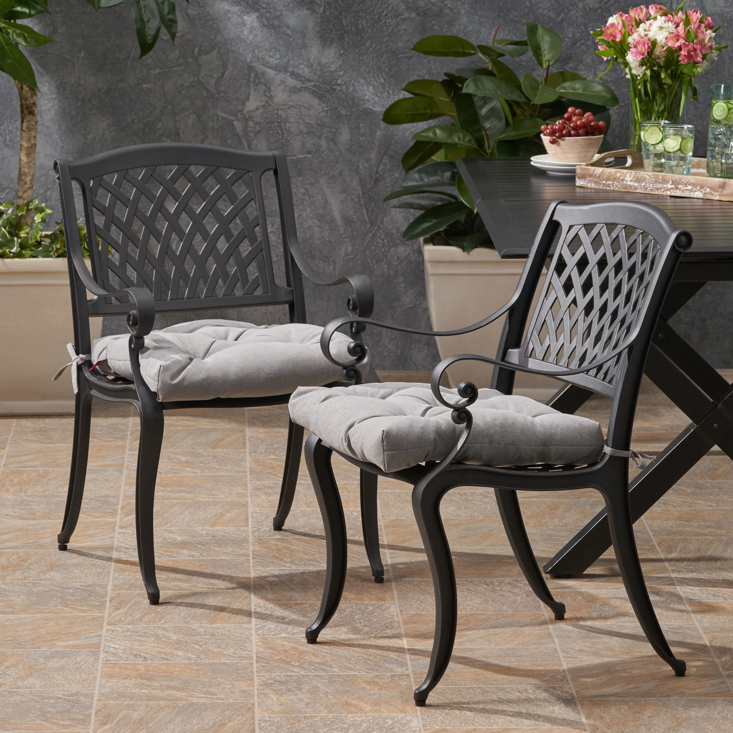 Brody Outdoor Cast Aluminum Dining Chair with Cushion, Set of 2, Antique Matte Black, Charcoal