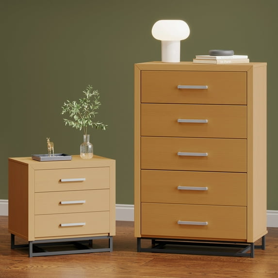 Noble House Cayuga Faux Wood 2 Piece 5 Drawer Dresser and Nightstand Bedroom Set, Maple and Black