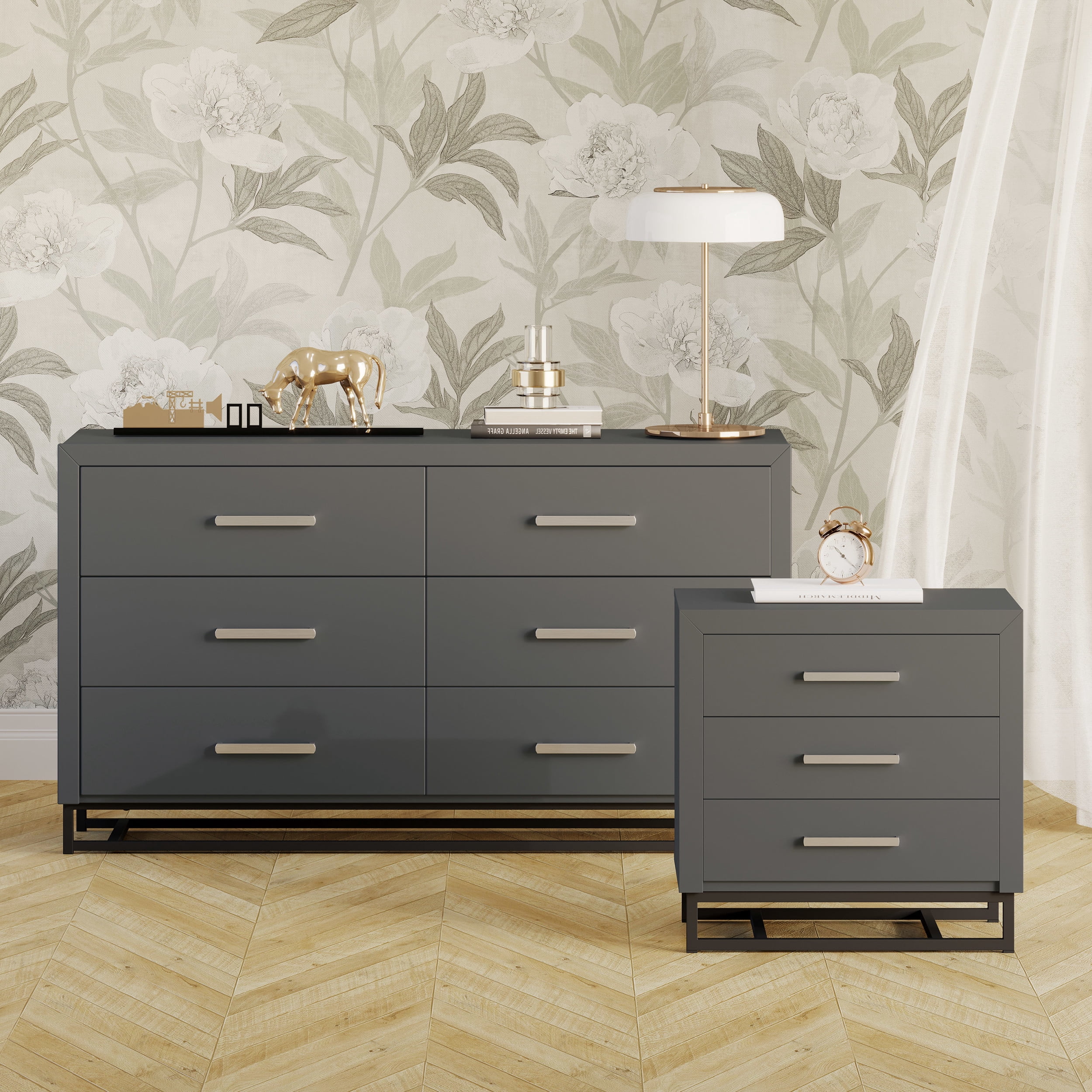 black and grey dresser set Woodrow Brownish Gray And Black Upholstered Panel Bedroom Set