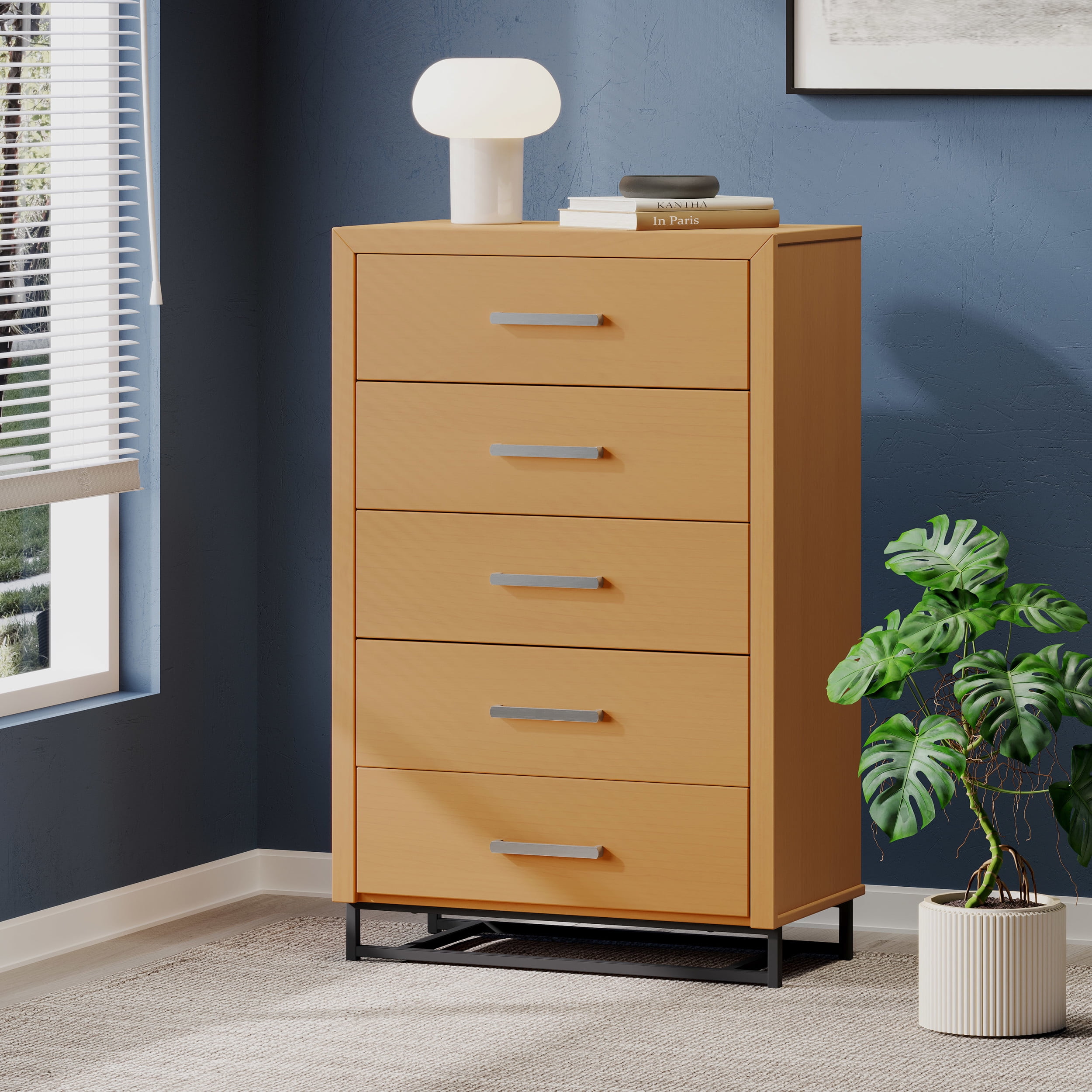 Noble House Cayuga Faux Wood 5 Drawer Dresser, Maple and Black