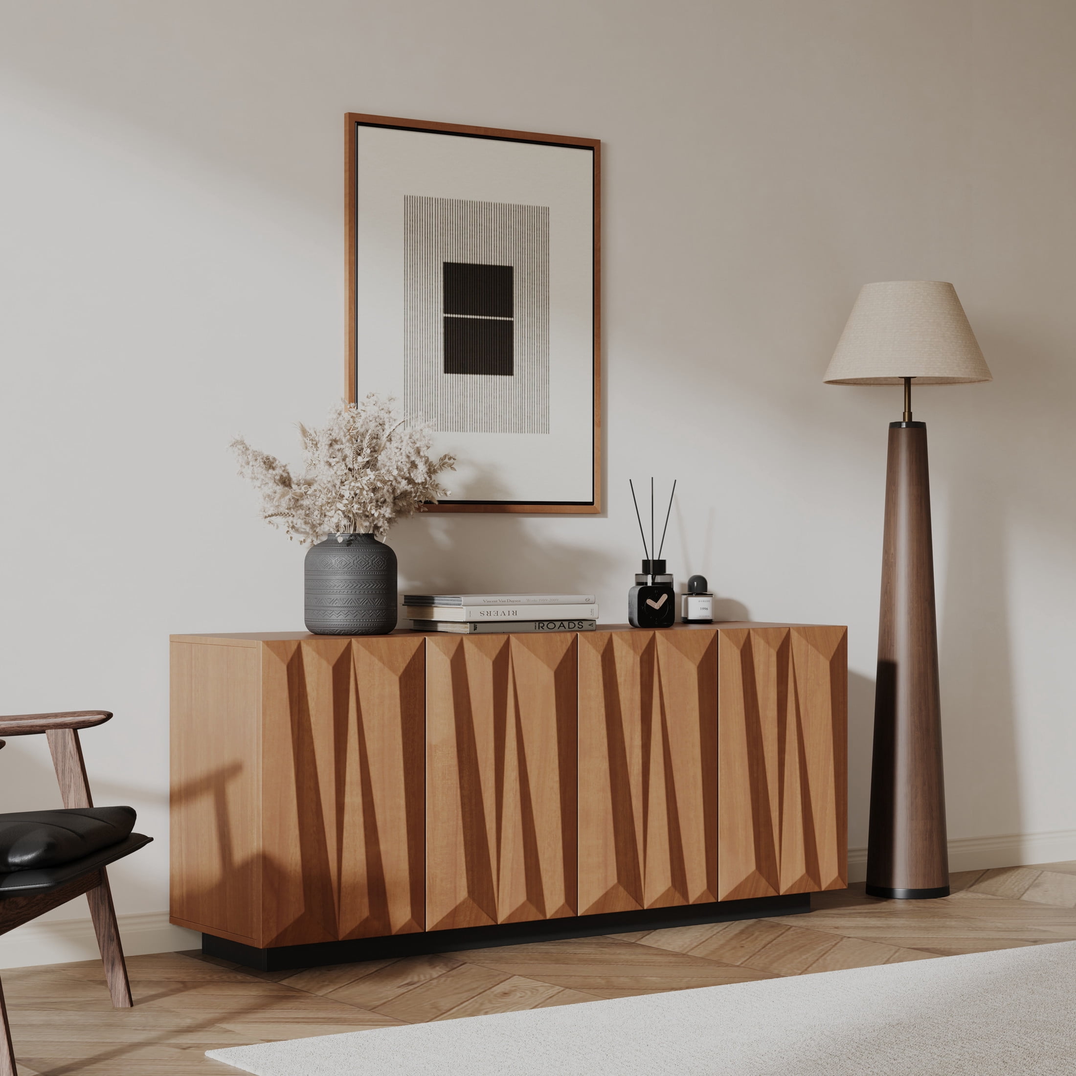 Noble House Cersei 59.5" Buffet Cabinet with Geometric Doors, Mid-Century Storage Sideboard, Walnut