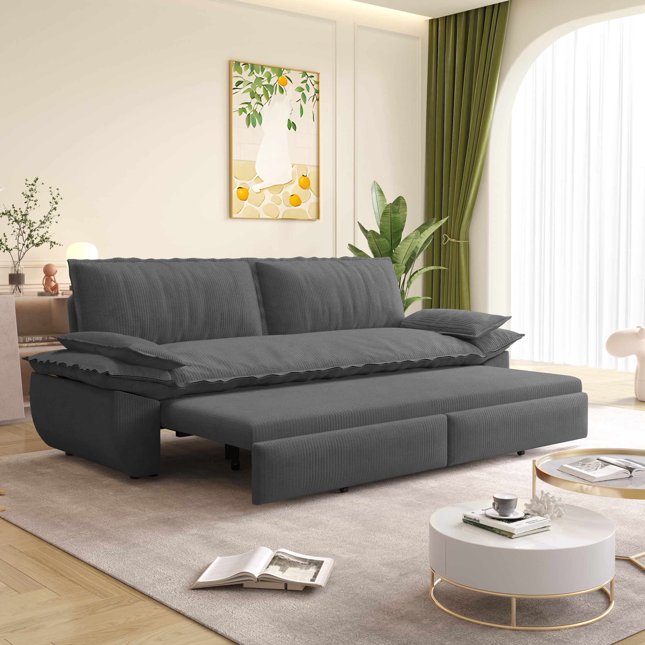 Noble House Cersie Corduroy Pull-Out Loveseat Sofa Bed, Multifunctional 3-in-1 Convertible Queen Sleeper Couch, Dark Grey