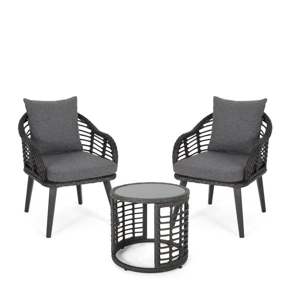 Noble House Huxley Indoor Modern Boho Wicker Chat Set with Side Table, Gray, Dark Gray, Black