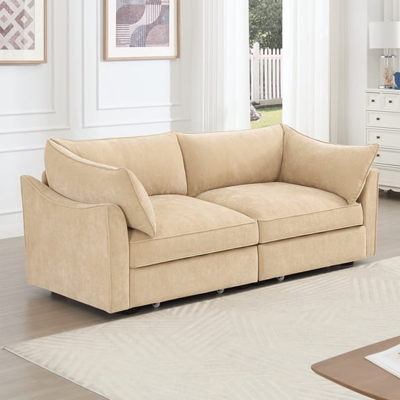 Noble House Chenille 2-Seater Sofa with Under-Seat Storage Drawers, Wraparound Cushions, Crescent-Shaped Armrests, Wheat