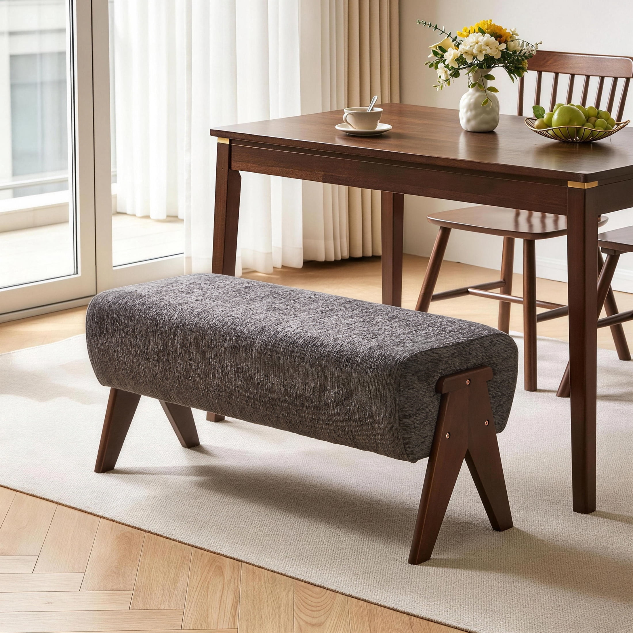 Noble House Chenille Upholstered Bench with Solid Rubberwood Legs, Modern Padded Entryway Bench, Gray