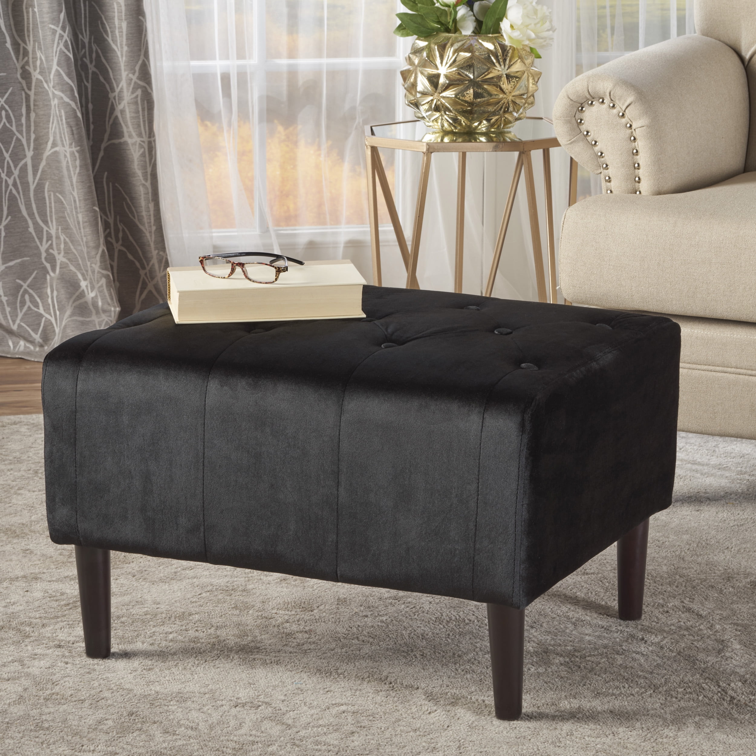 Noble House Cheyenne Tufted Velvet Ottoman Black Dark Brown