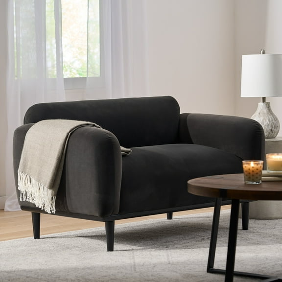 Noble House Chitwood Velvet Loveseat, Dark Gray and Matte Black
