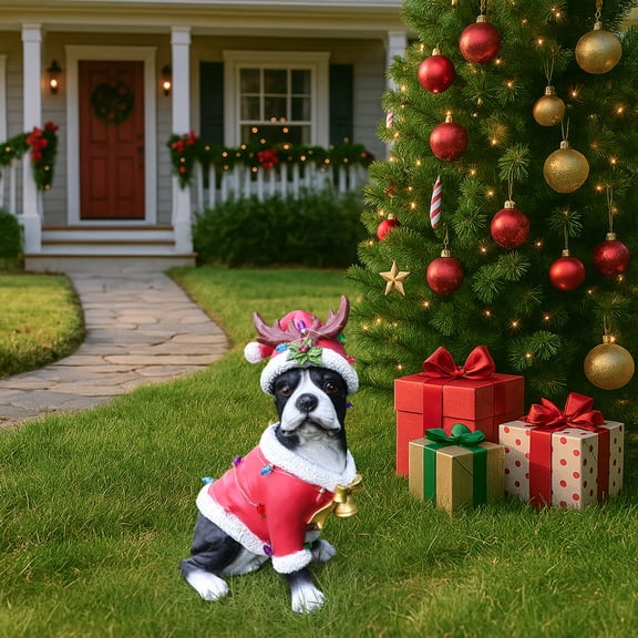 Noble House Christmas Boston Terrier Statue, Cheerful Holiday Dog Figurine in Santa Outfit, Black Fur & Red Shirt